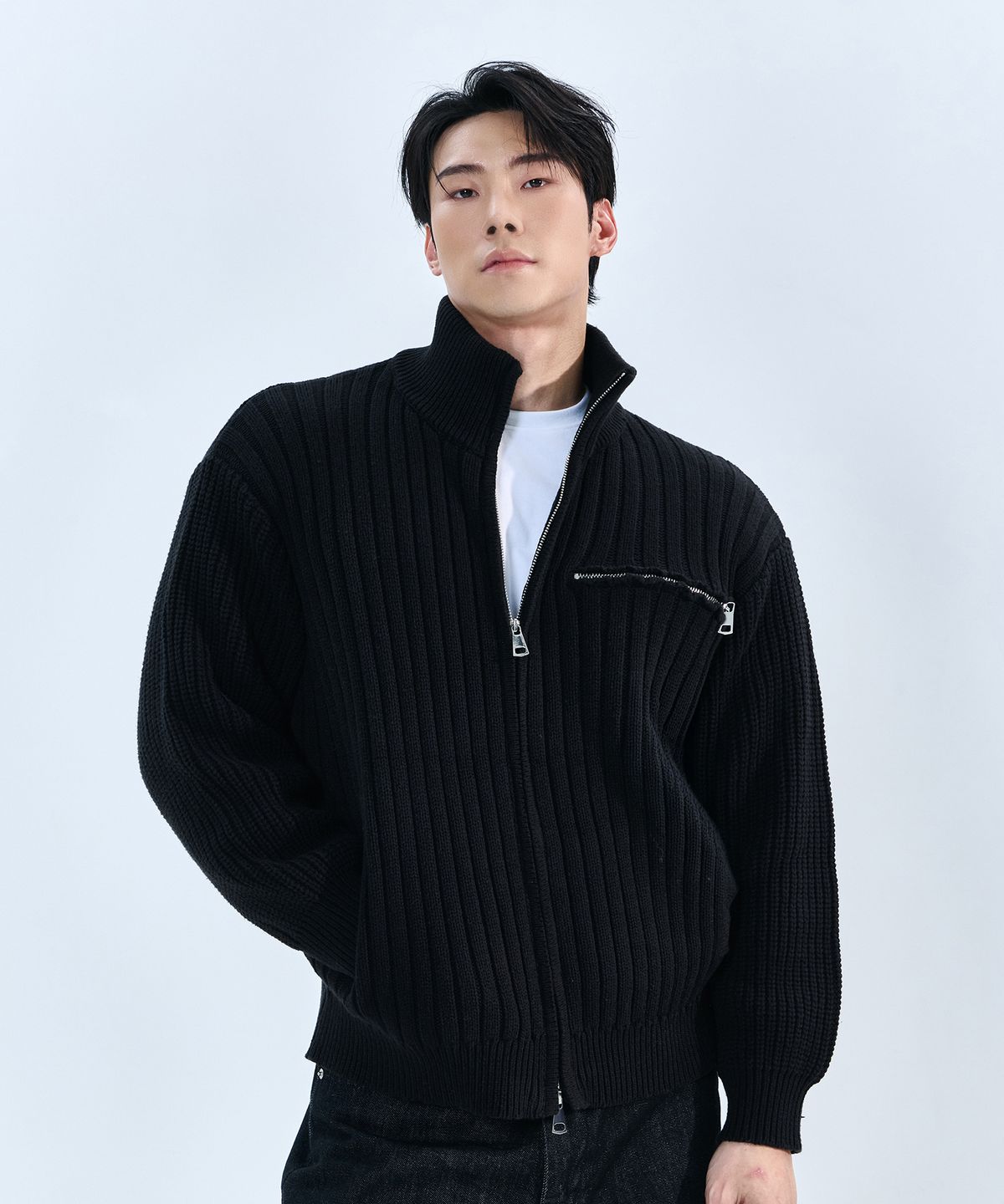나인제트(NINEZ) 하이넥 리브드 니트 오픈 집업 (3color)