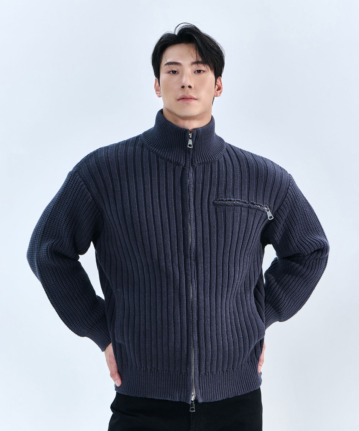 나인제트(NINEZ) 하이넥 리브드 니트 오픈 집업 (3color)