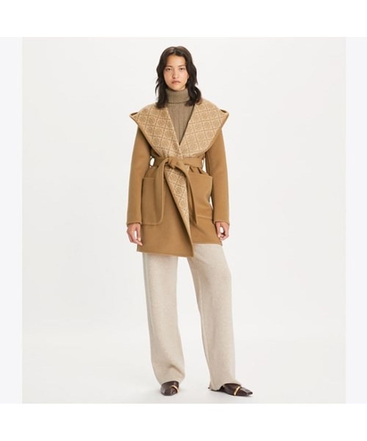 토리버치(TORYBURCH) 후디드 울 코트 - 베이지 티 모노그램