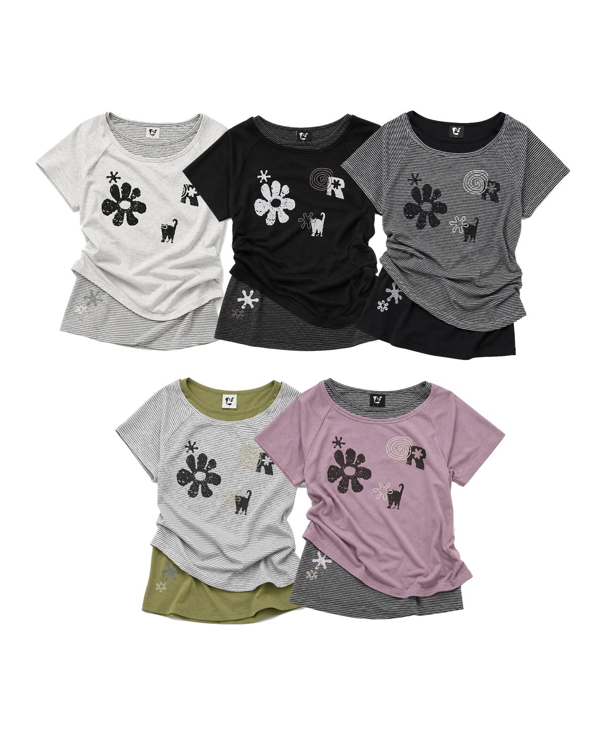 엘엠알(LMR) [2PACK] 모티프 자수 스트라이프 레이어드 반팔 티셔츠 (5Colors)