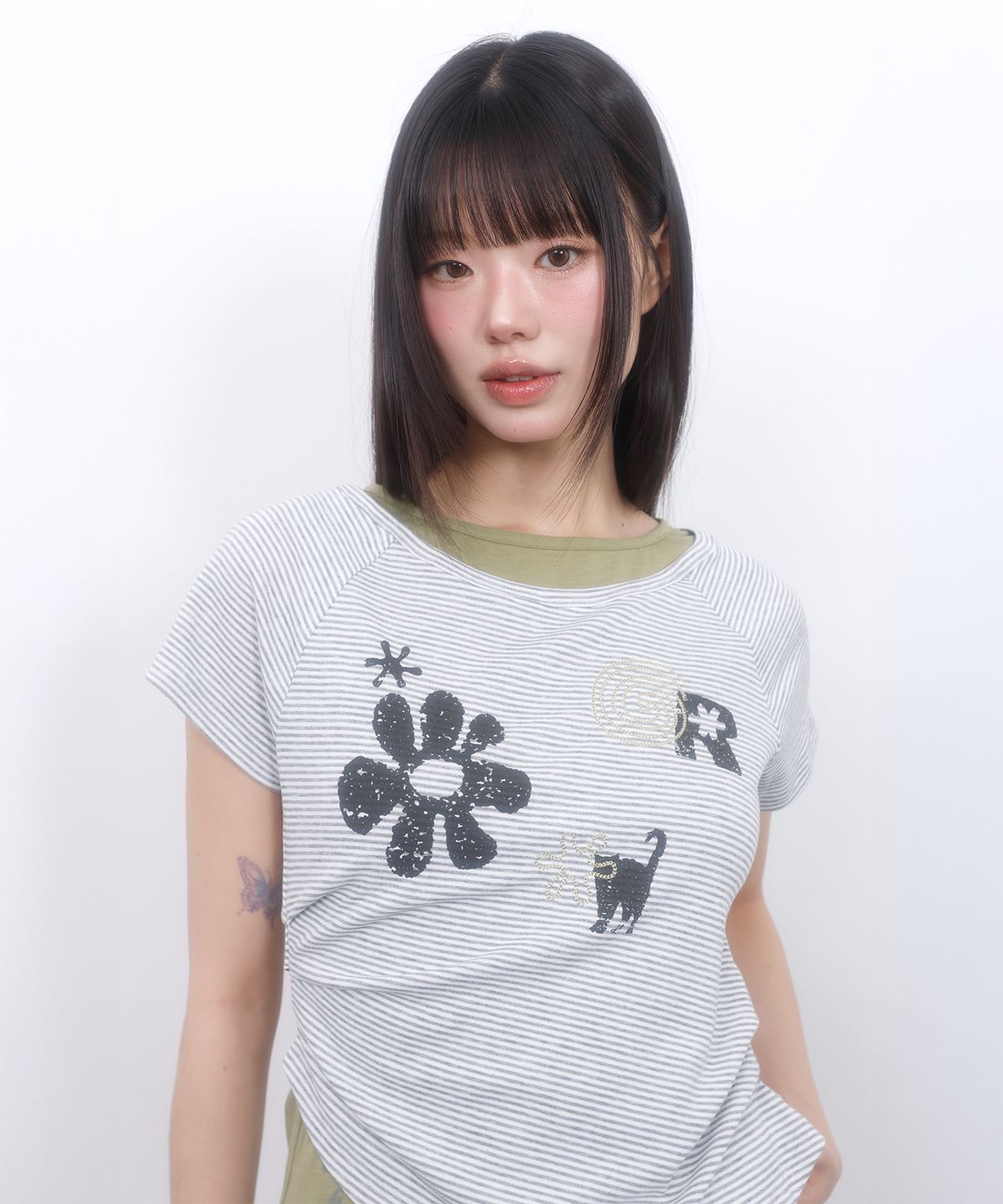 엘엠알(LMR) [2PACK] 모티프 자수 스트라이프 레이어드 반팔 티셔츠 (5Colors)