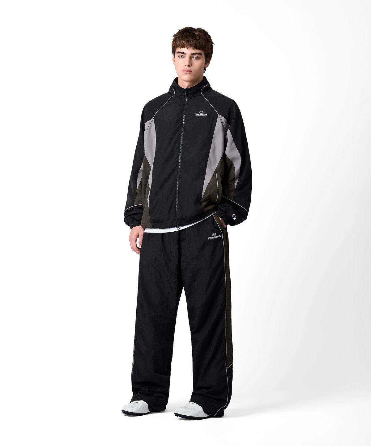 챔피온(CHAMPION) 트랙 로고 컬러블록 트랙재킷 Black