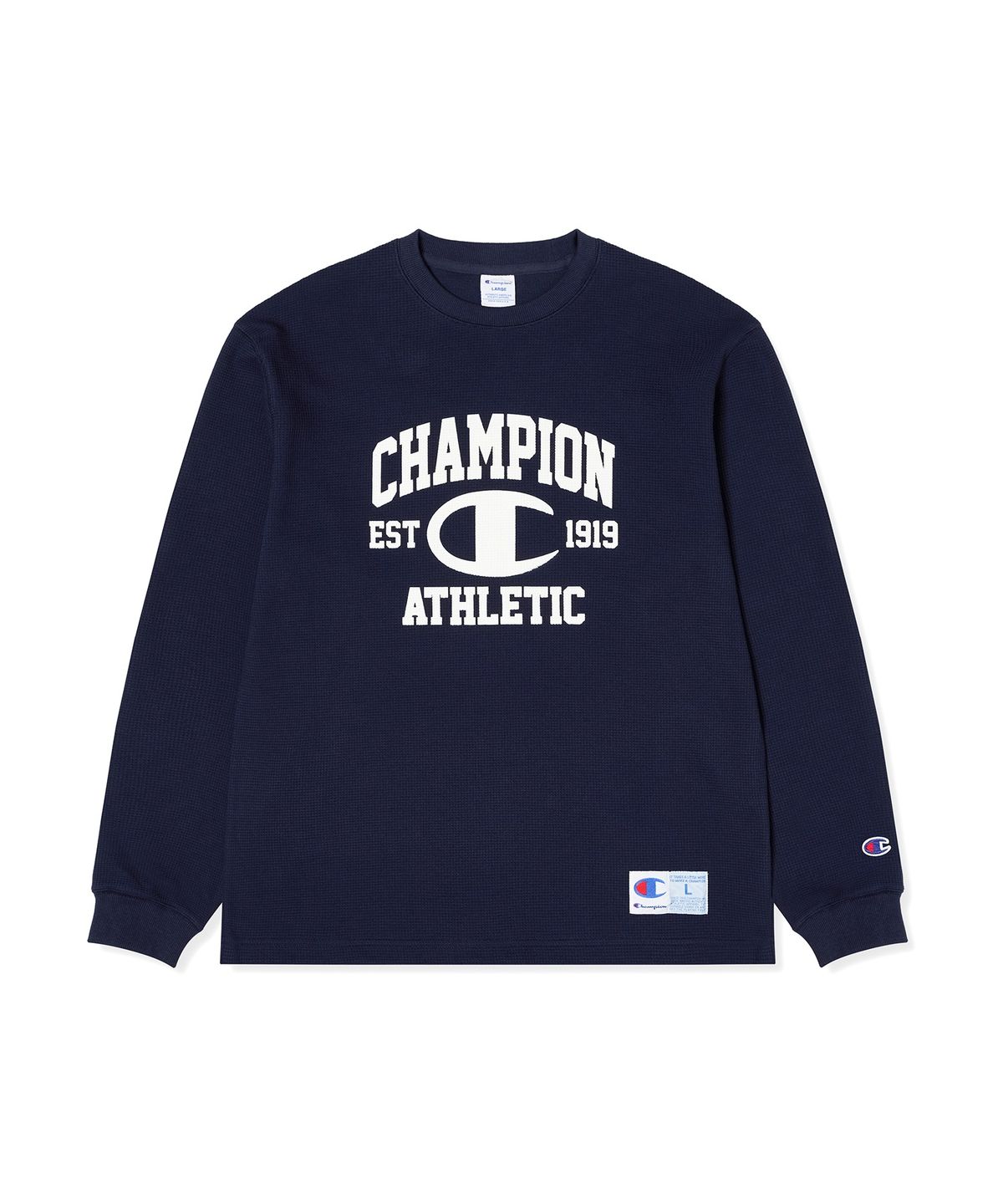 챔피온(CHAMPION) 로고 와플 롱슬리브 티셔츠 Navy