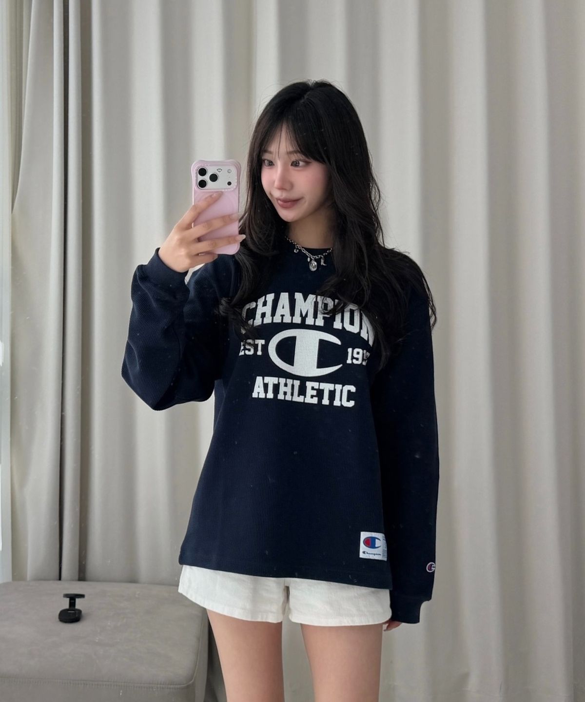 챔피온(CHAMPION) 로고 와플 롱슬리브 티셔츠 Navy