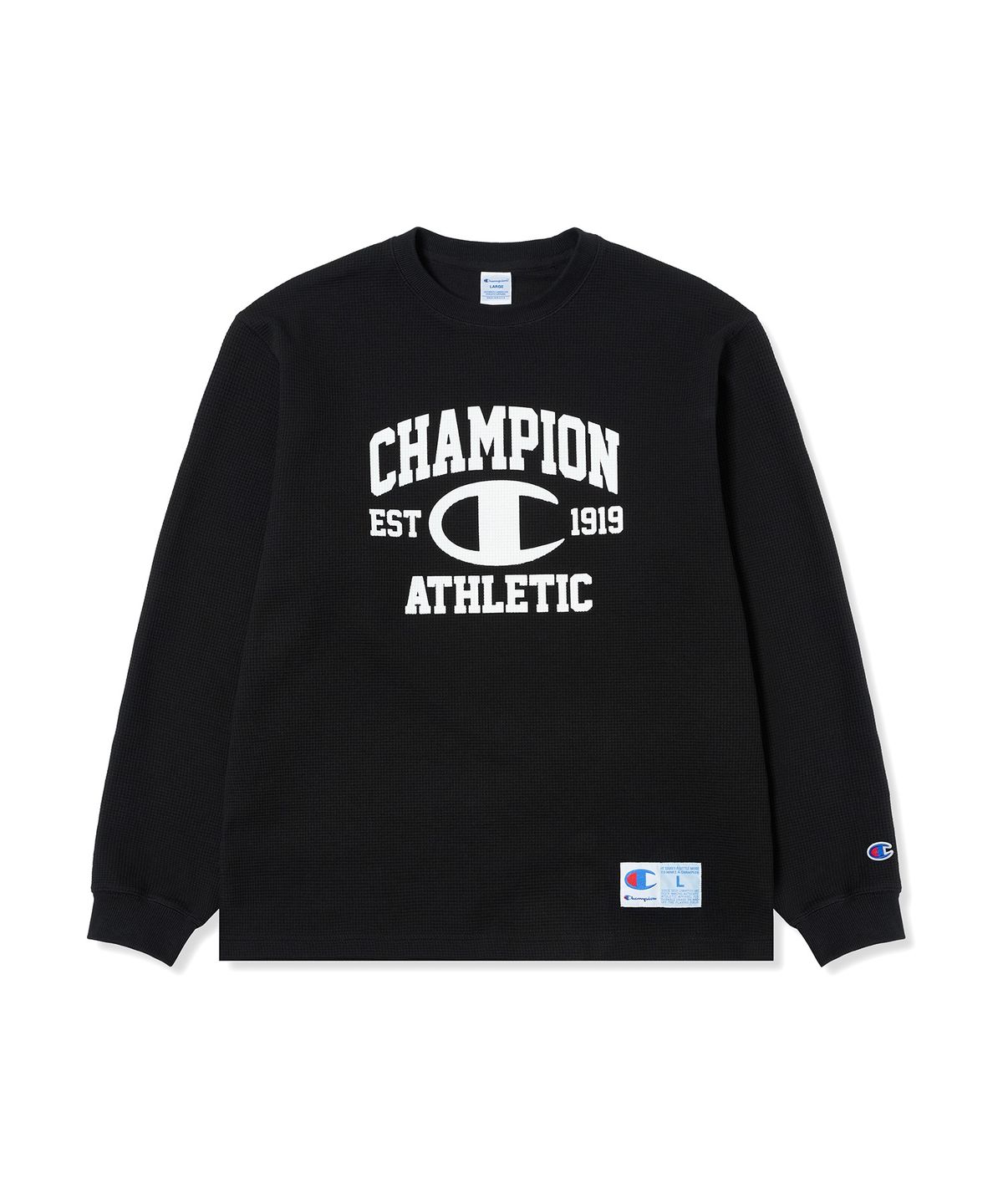 챔피온(CHAMPION) 로고 와플 롱슬리브 티셔츠 Black