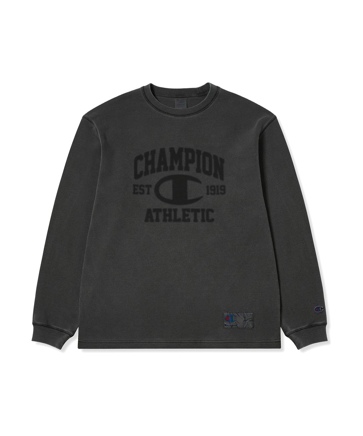 챔피온(CHAMPION) 로고 다잉 와플 롱슬리브 티셔츠 Charcoal
