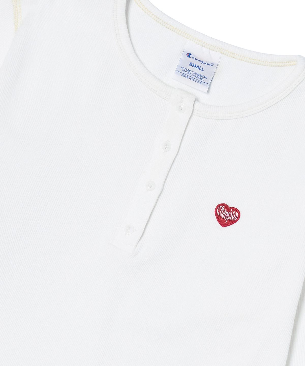 챔피온(CHAMPION) 여성 하트 로고 헨리넥 롱슬리브 White