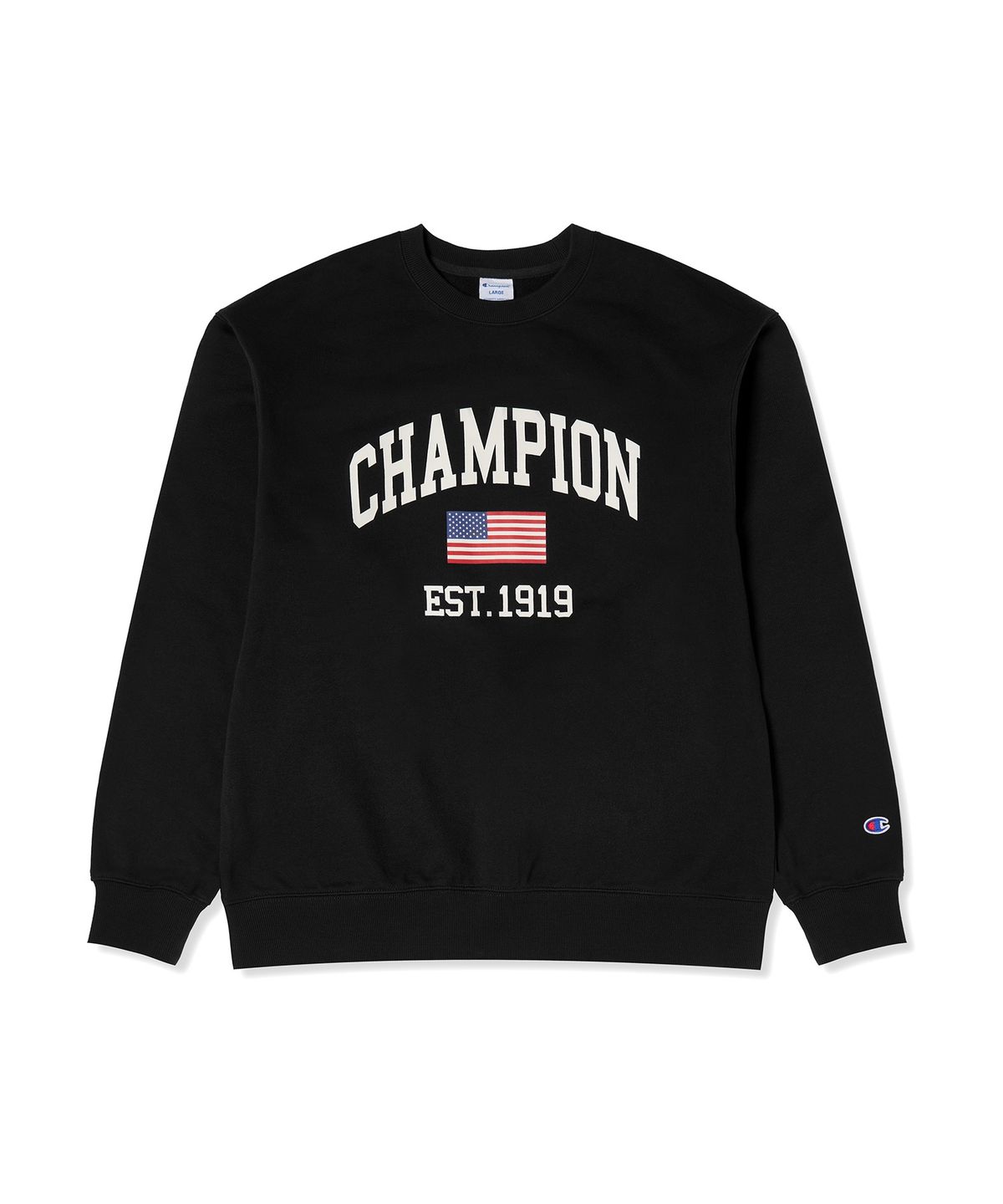 챔피온(CHAMPION) 플래그 아치 로고 오버핏 스웨트 셔츠 Black