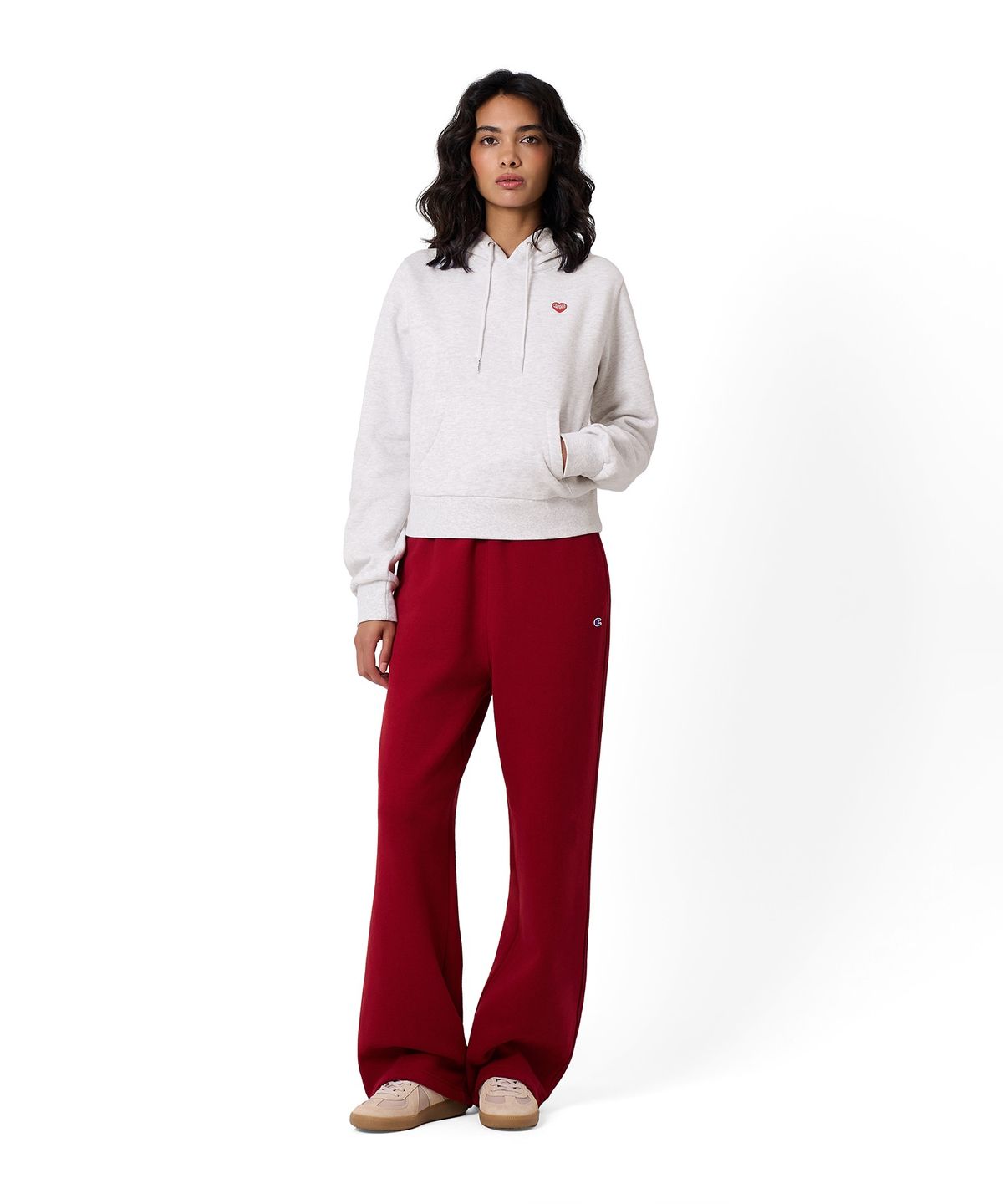 챔피온(CHAMPION) 여성 하트 로고 크롭 기모 후드 티셔츠 Light Grey