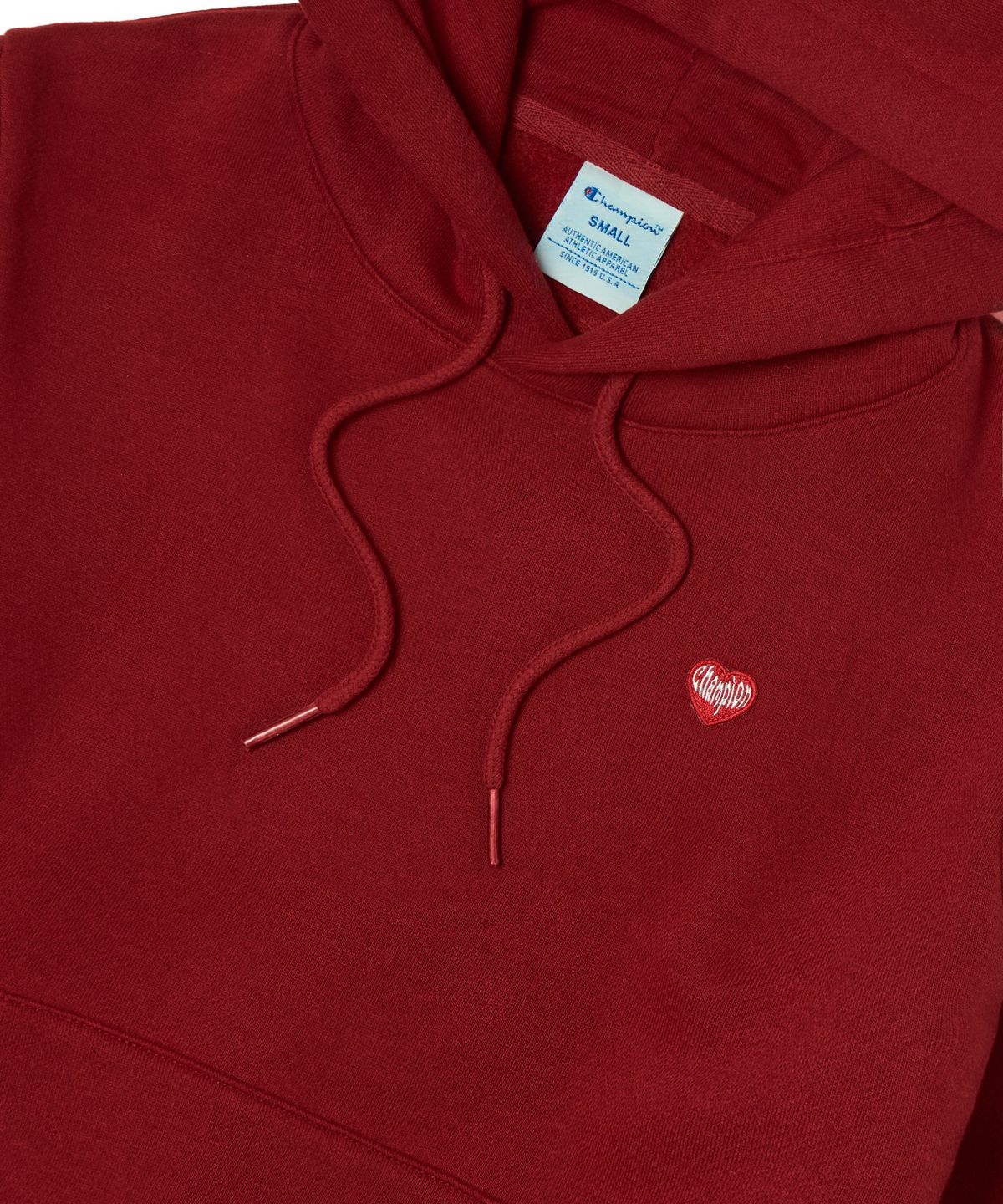 챔피온(CHAMPION) 여성 하트 로고 크롭 기모 후드 티셔츠 Red