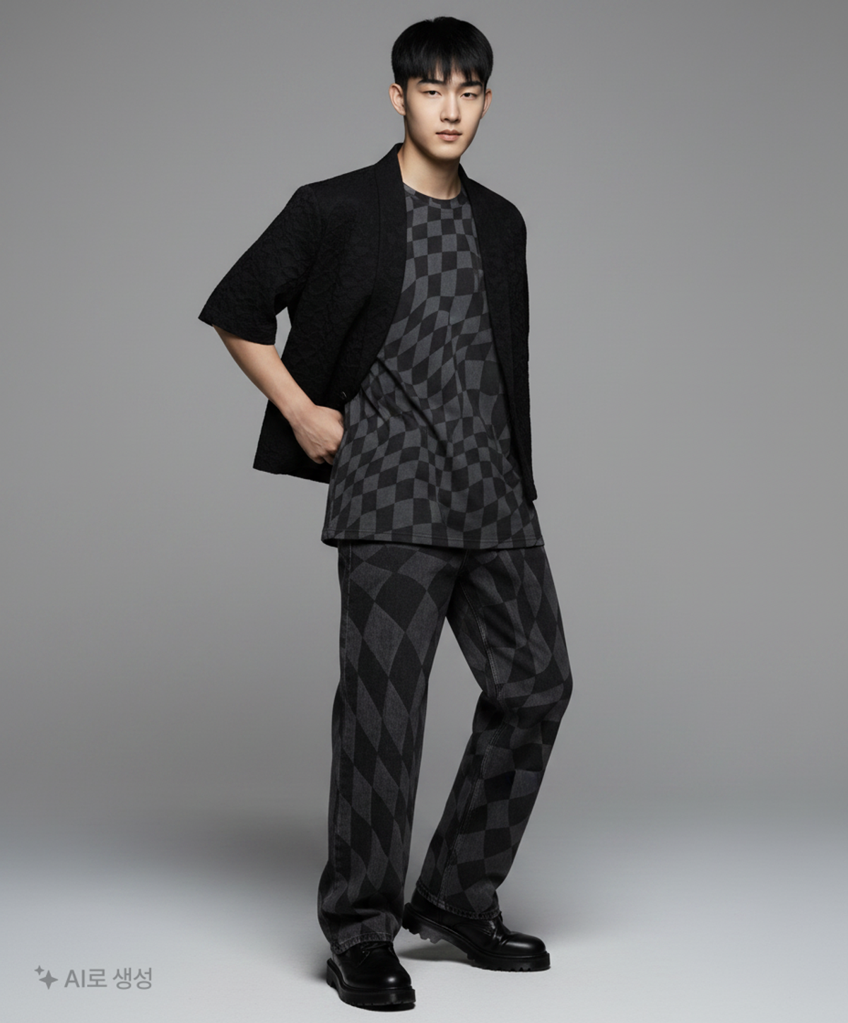 노매뉴얼(NOMANUAL) D.T CHECKERBOARD DENIM PANTS - WASHED BLACK S