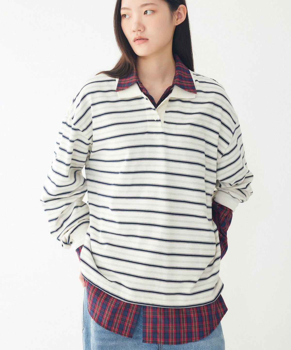 스튜디오 톰보이(STUDIO TOMBOY) 캐주얼 스트라이프 카라 티셔츠 _아이보리_9176322981