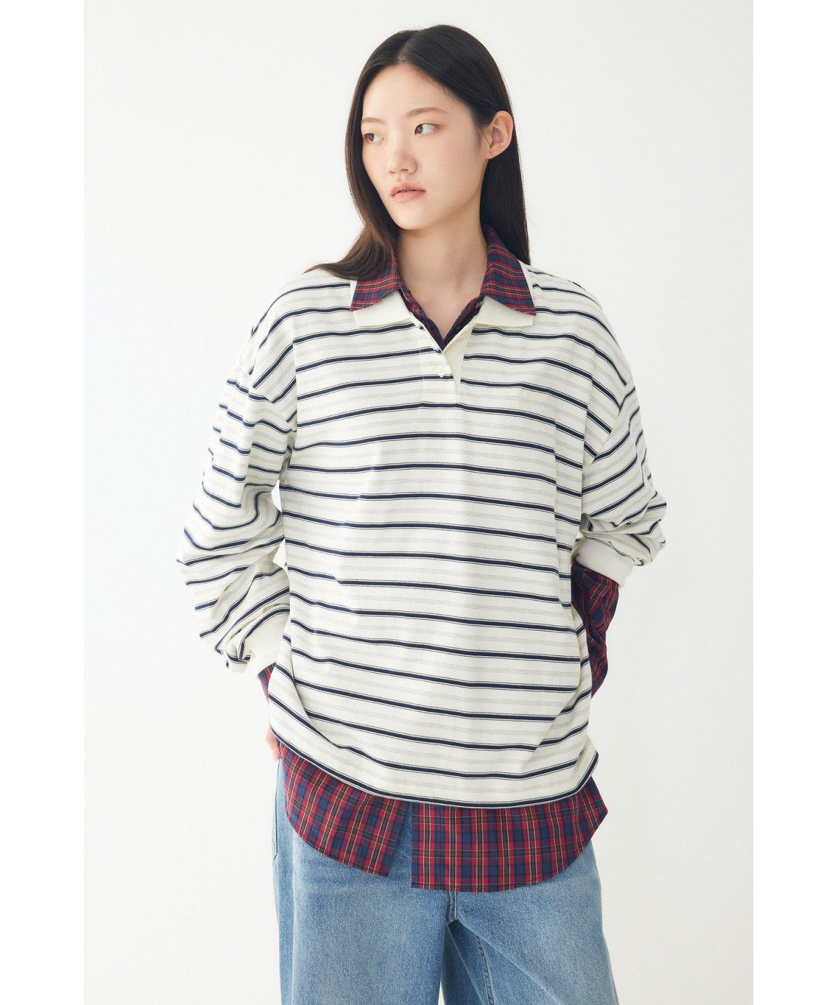 스튜디오 톰보이(STUDIO TOMBOY) 캐주얼 스트라이프 카라 티셔츠 _아이보리_9176322981