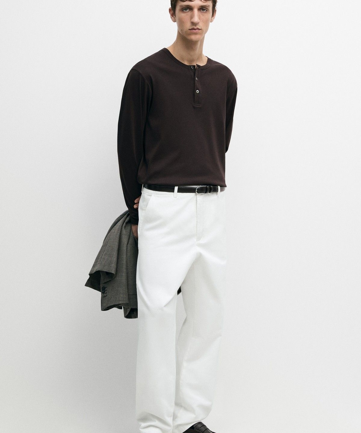 마시모두띠(MASSIMO DUTTI) 100% 코튼 헨리넥 긴소매 티셔츠