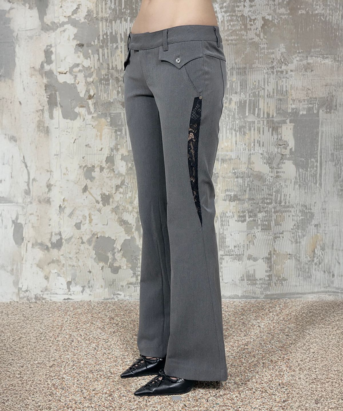 에트오소메(ETRE AU SOMMET) Button Stitch Low Rise Bootcut Pants (Gray)