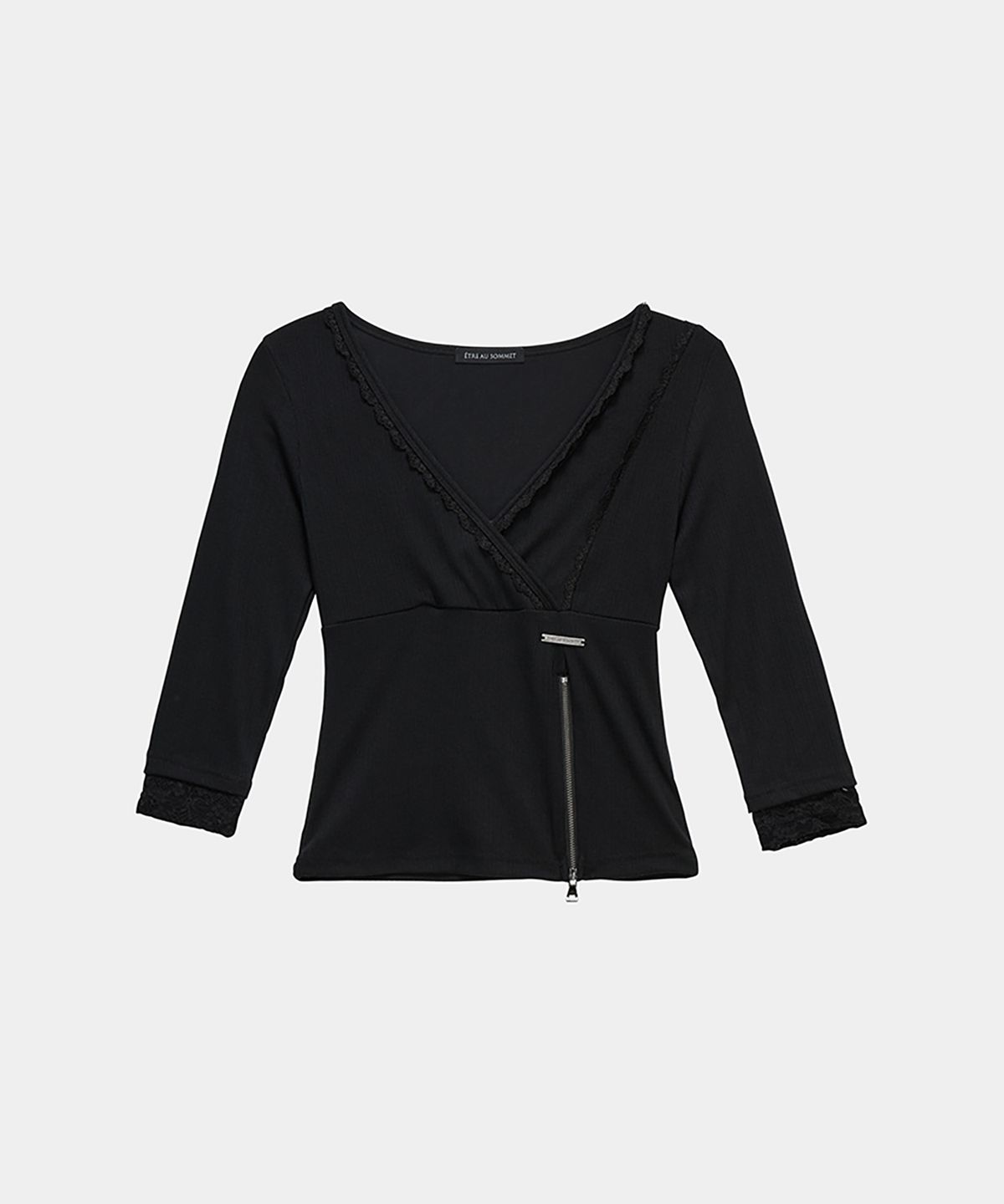 에트오소메(ETRE AU SOMMET) Lace Trim Button Wrap Long Sleeve (Black)