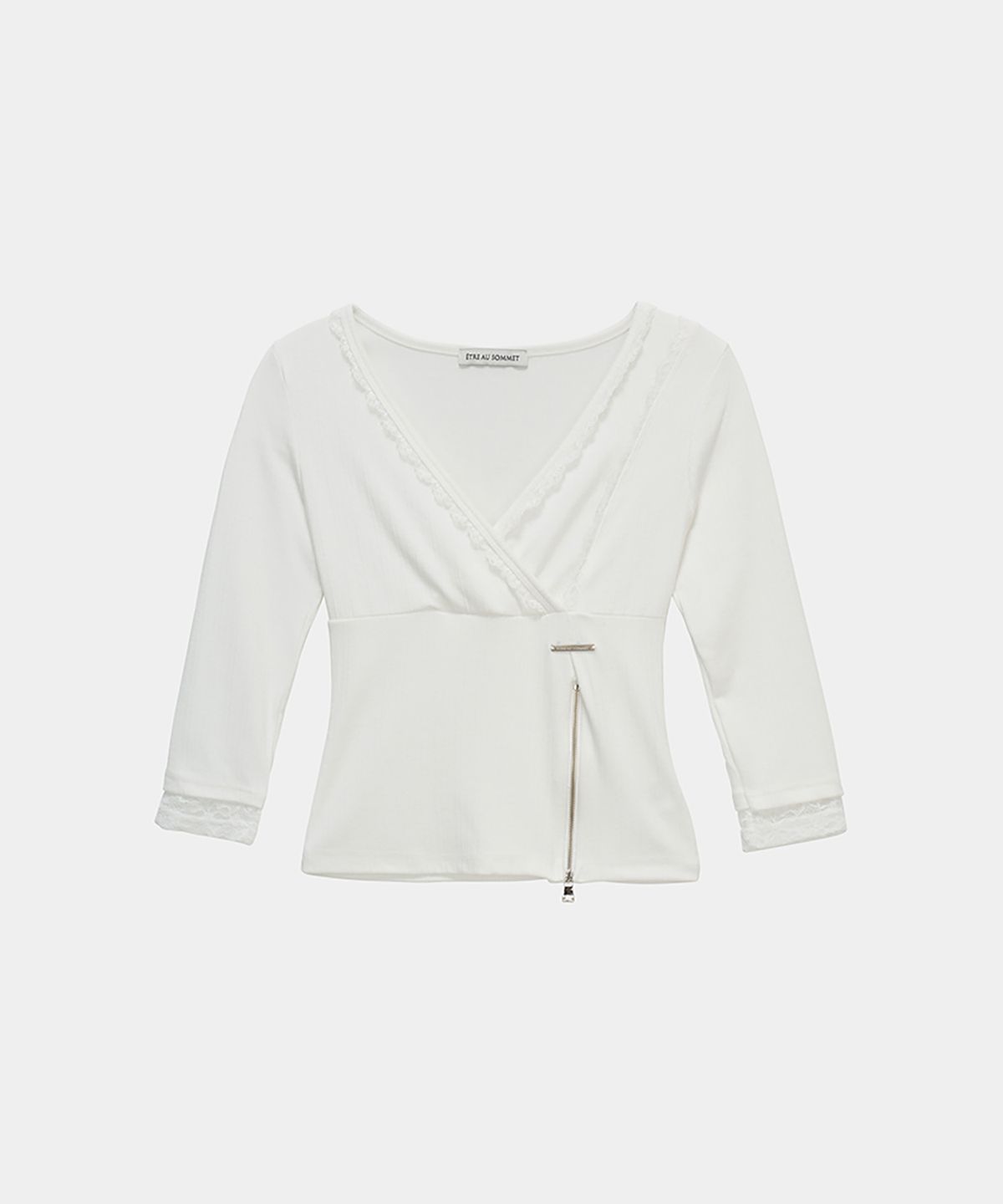 에트오소메(ETRE AU SOMMET) Lace Trim Button Wrap Long Sleeve (White)
