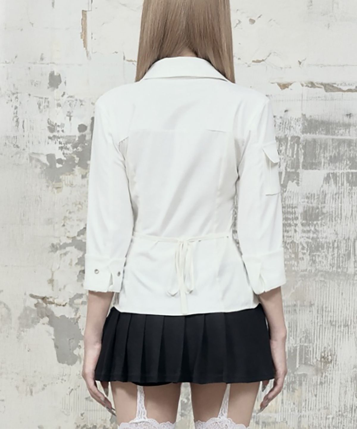 에트오소메(ETRE AU SOMMET) Jacquard Corset Line Pocket Shirt (White)