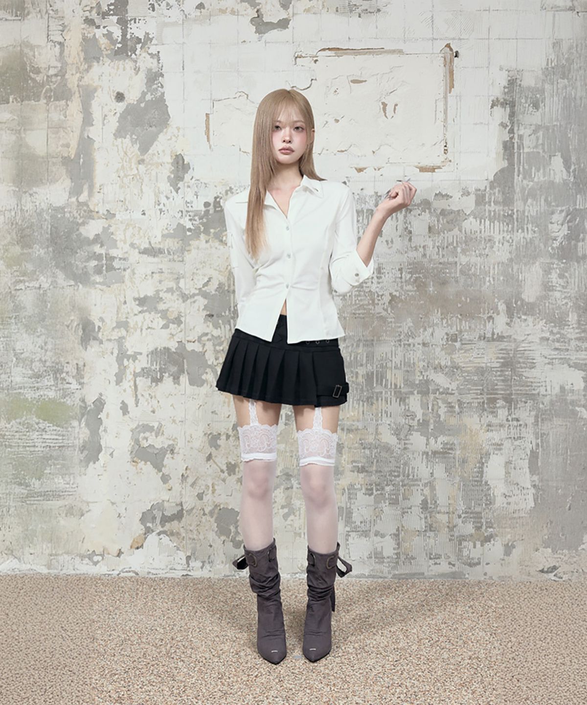 에트오소메(ETRE AU SOMMET) Jacquard Corset Line Pocket Shirt (White)