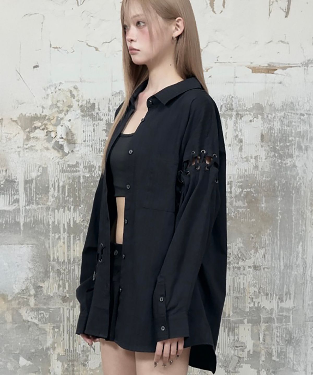 에트오소메(ETRE AU SOMMET) Eyelet Point Oversized Shirt (Black)