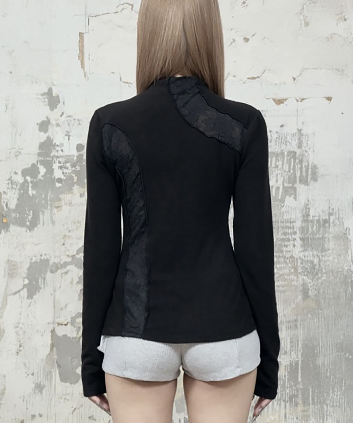 에트오소메(ETRE AU SOMMET) Lace Layer High Neck Slim Long Sleeve (Black)