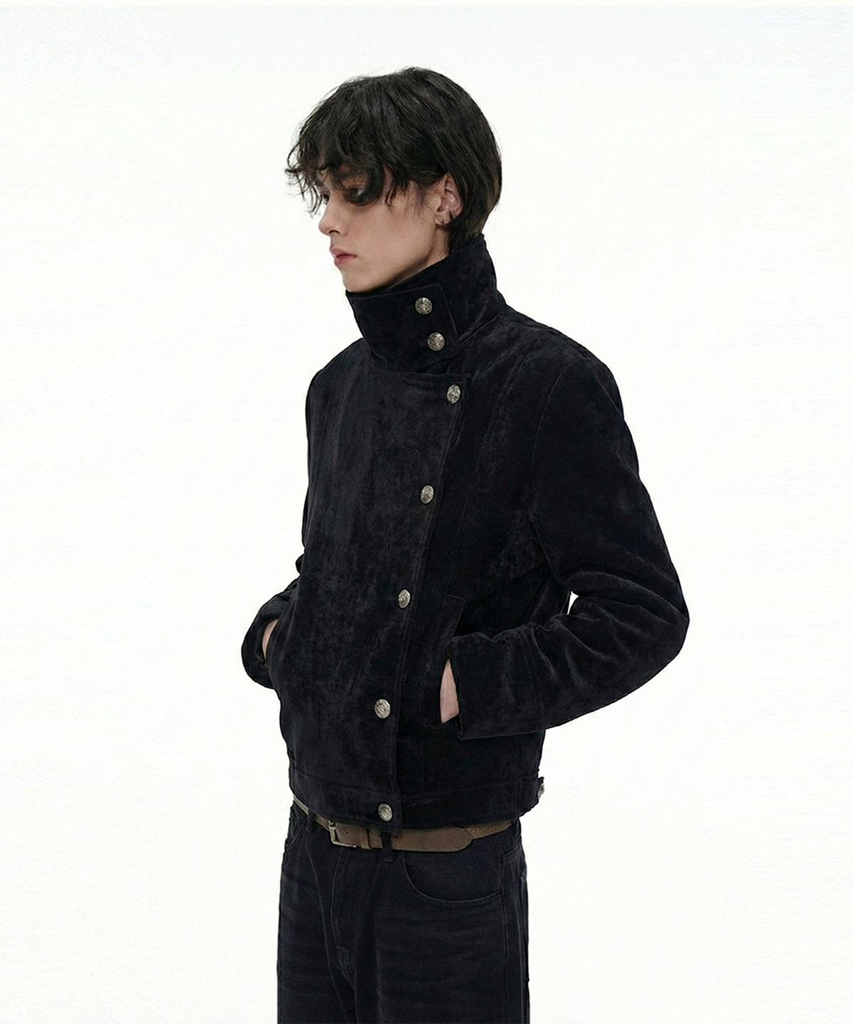 043Y(043Y) Asymmetric High-Neck Velvet Jacket