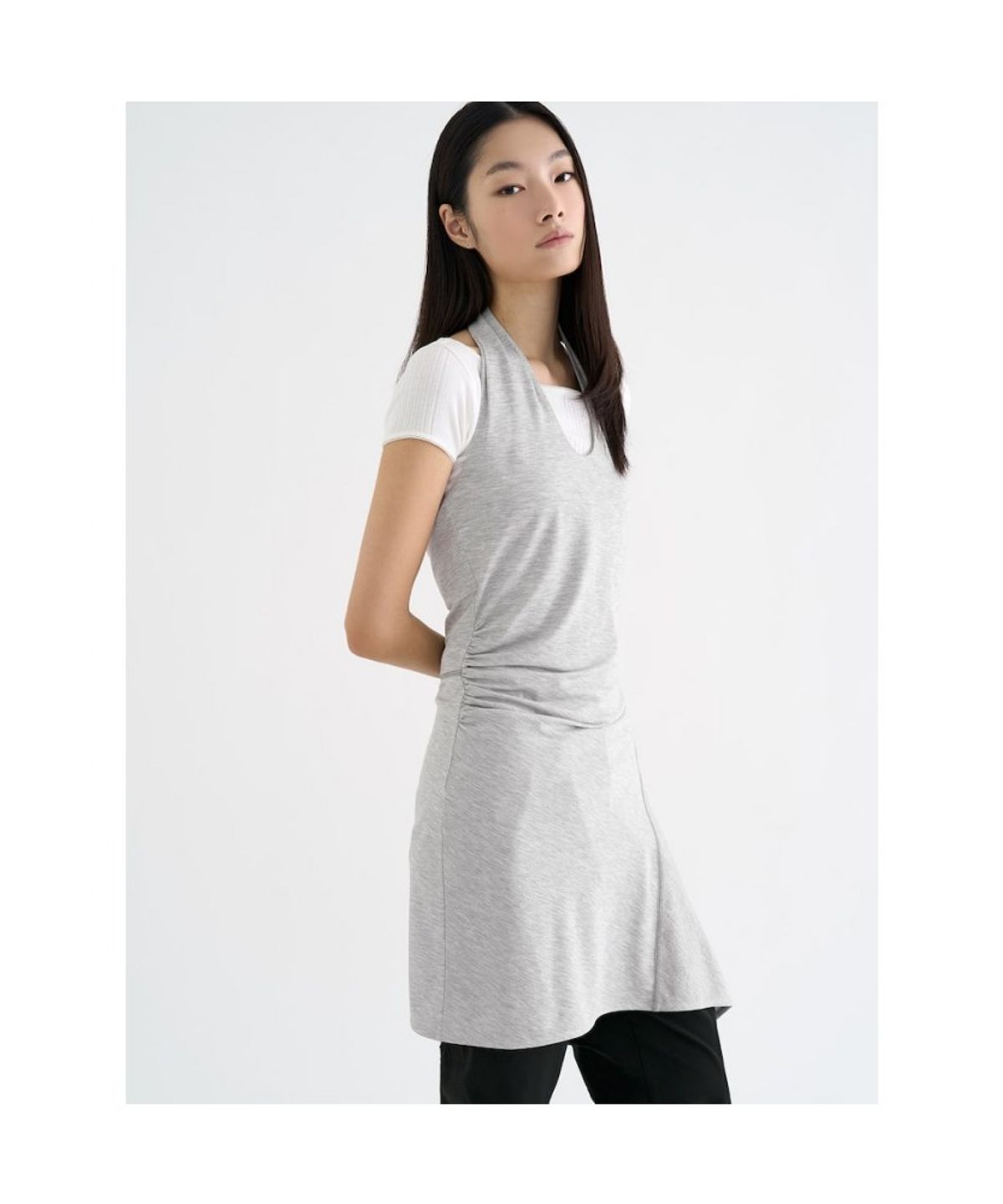 앙개(ANGGAE) Unbalanced Halter Minidress  Light Grey