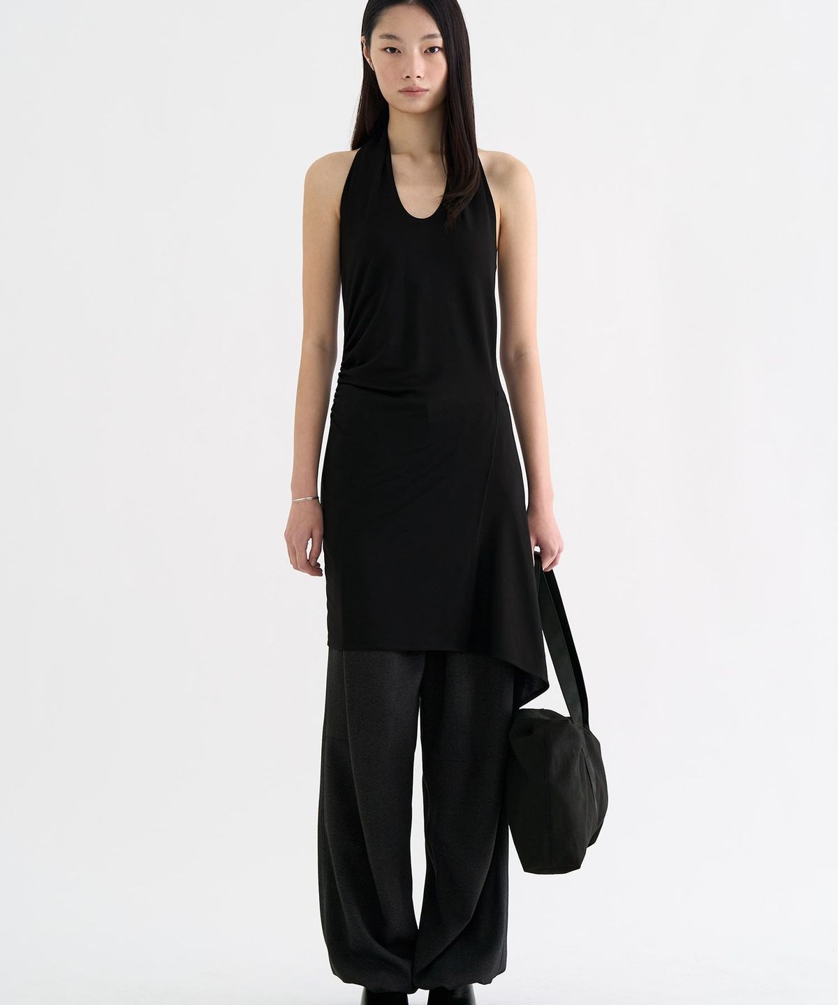 앙개(ANGGAE) Unbalanced Halter Minidress  Black