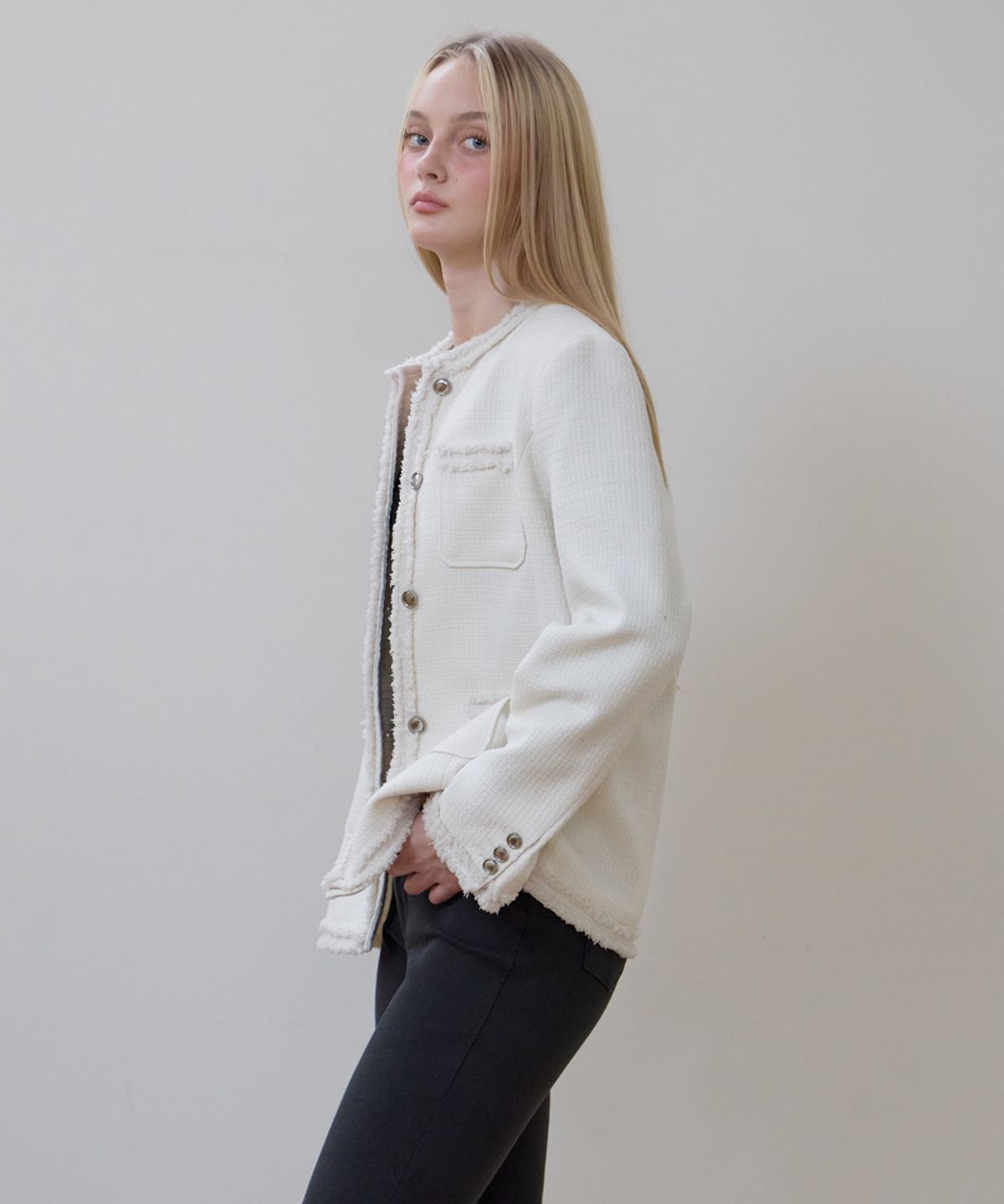 로제프란츠(ROSEFRANTZ) Fringe Pocket Tweed Jacket [Ivory]