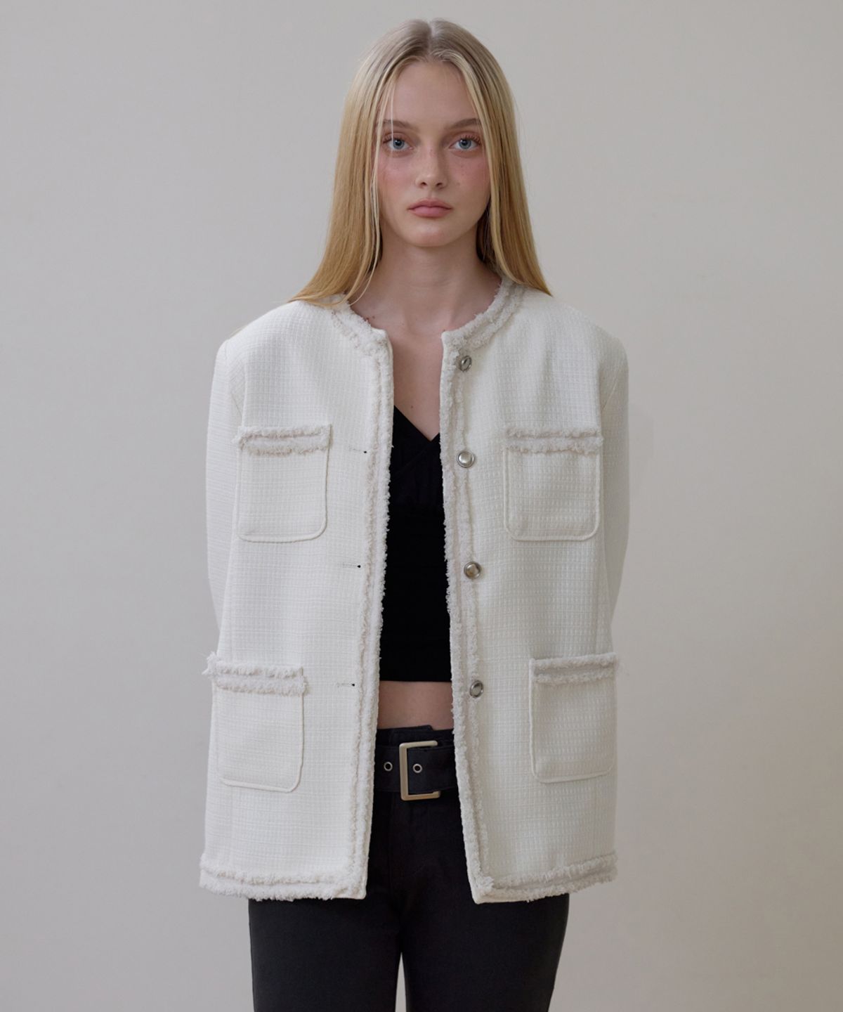 로제프란츠(ROSEFRANTZ) Fringe Pocket Tweed Jacket [Ivory]