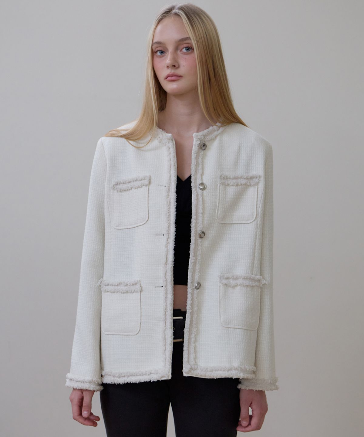 로제프란츠(ROSEFRANTZ) Fringe Pocket Tweed Jacket [Ivory]