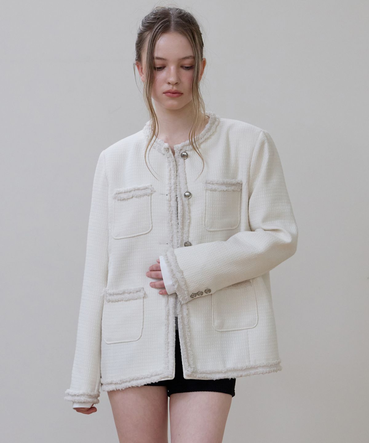로제프란츠(ROSEFRANTZ) Fringe Pocket Tweed Jacket [Ivory]