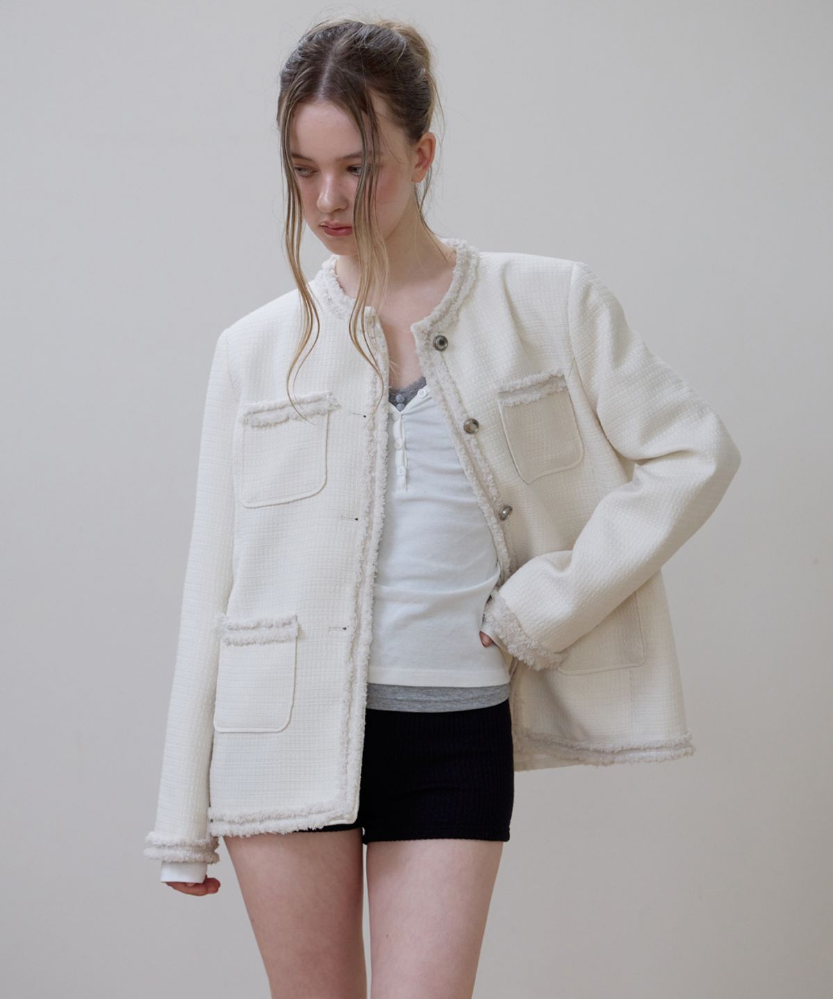 로제프란츠(ROSEFRANTZ) Fringe Pocket Tweed Jacket [Ivory]