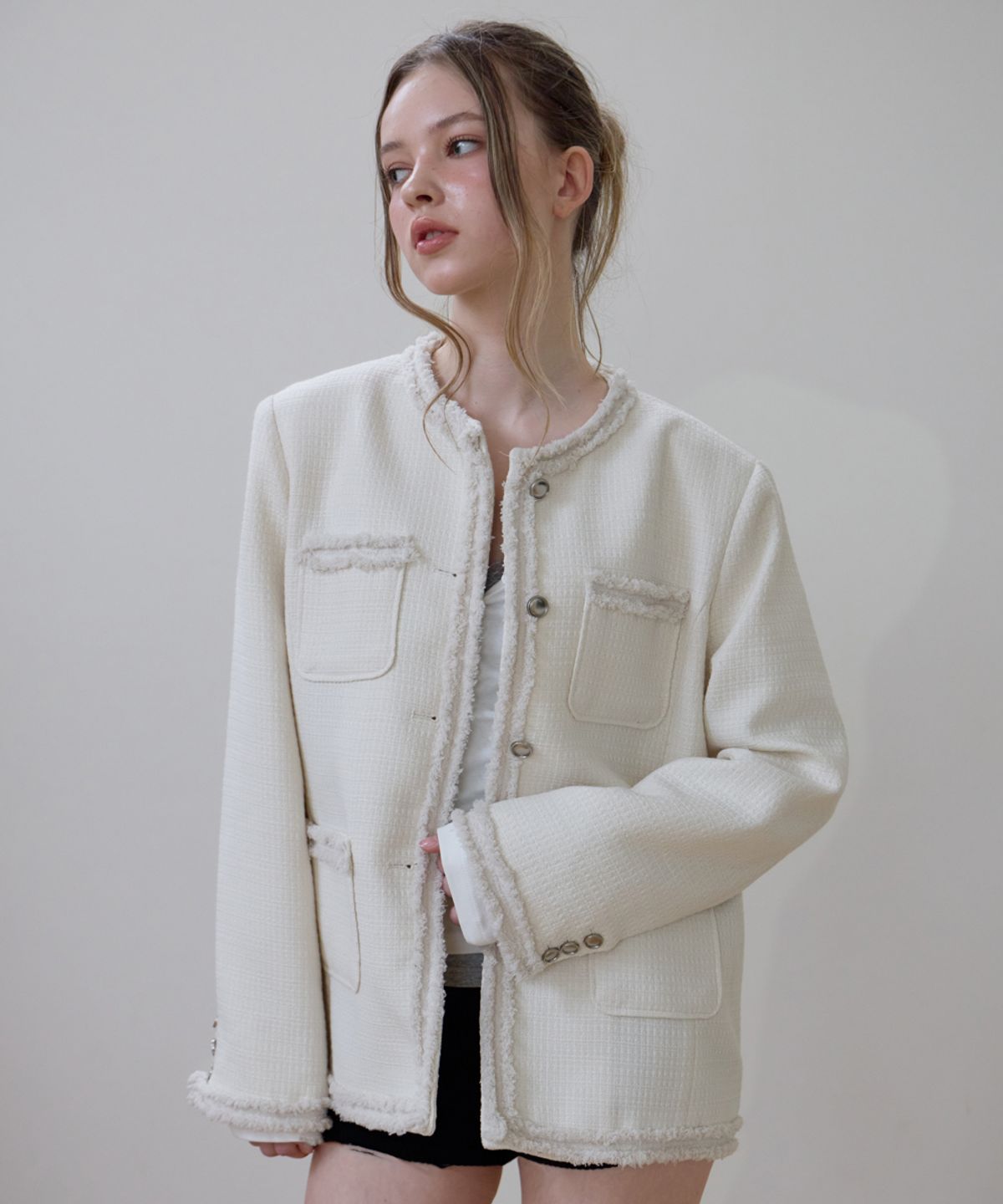 로제프란츠(ROSEFRANTZ) Fringe Pocket Tweed Jacket [Ivory]