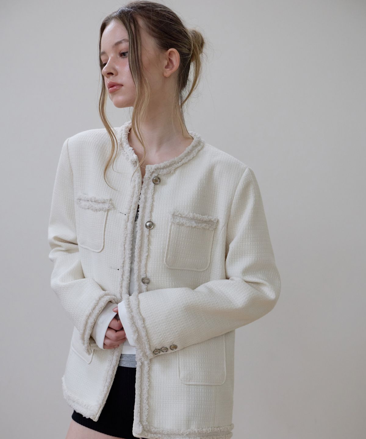 로제프란츠(ROSEFRANTZ) Fringe Pocket Tweed Jacket [Ivory]