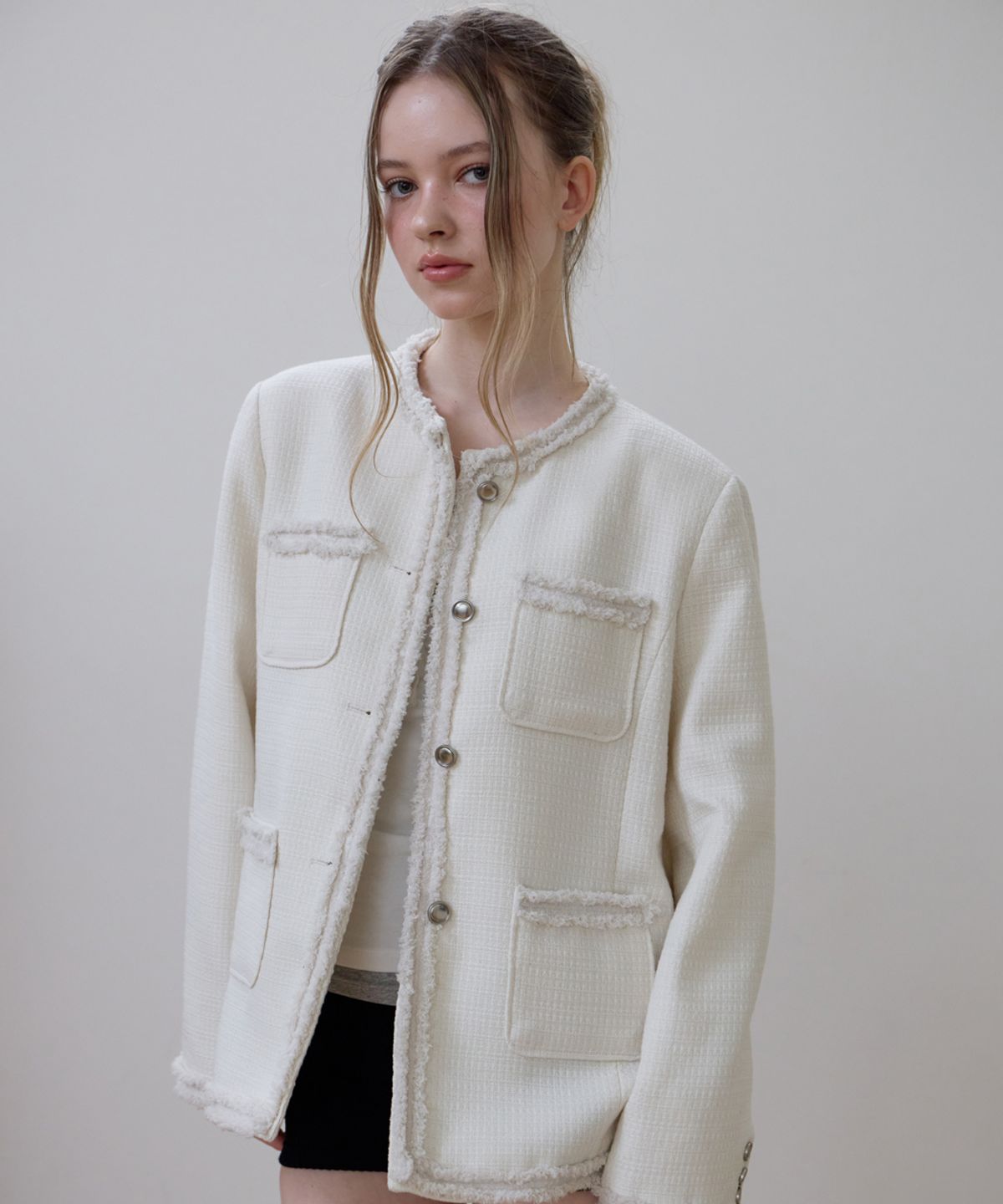 로제프란츠(ROSEFRANTZ) Fringe Pocket Tweed Jacket [Ivory]