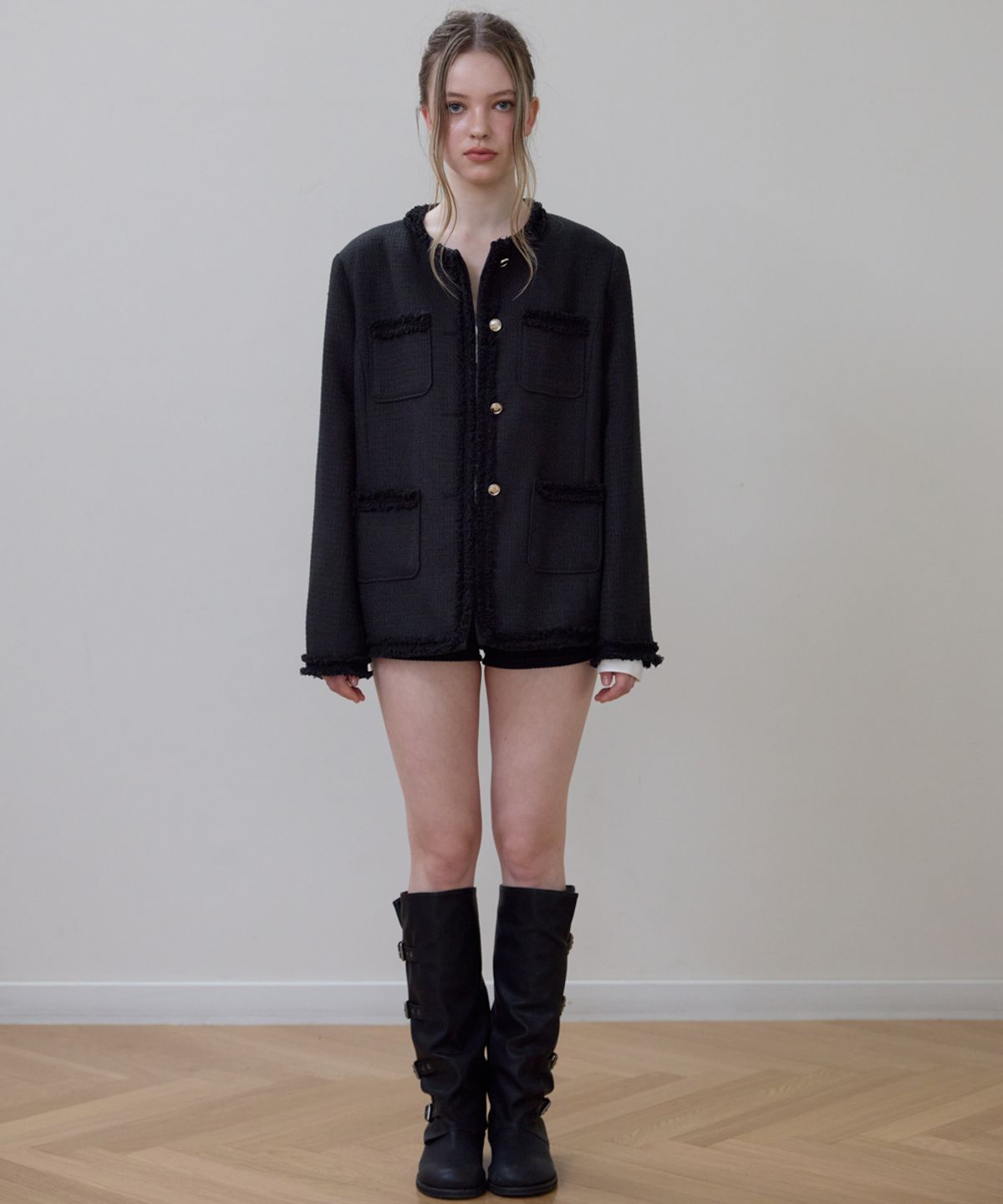 로제프란츠(ROSEFRANTZ) Fringe Pocket Tweed Jacket [Black]
