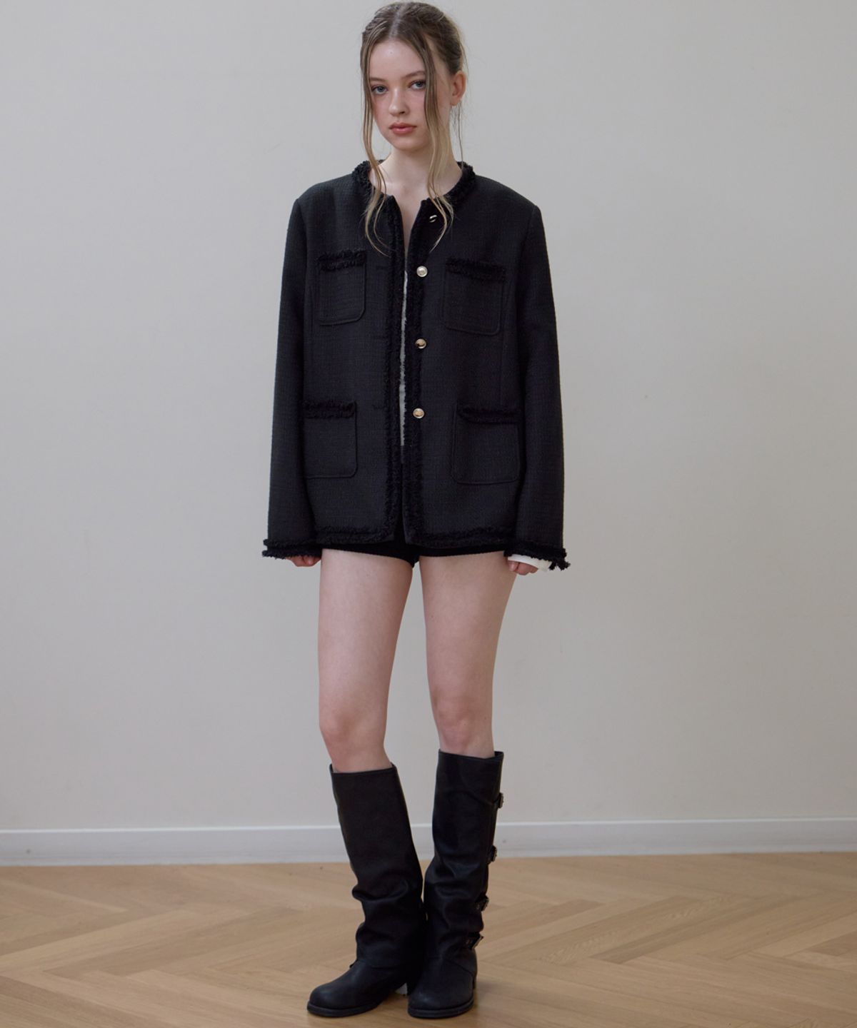 로제프란츠(ROSEFRANTZ) Fringe Pocket Tweed Jacket [Black]