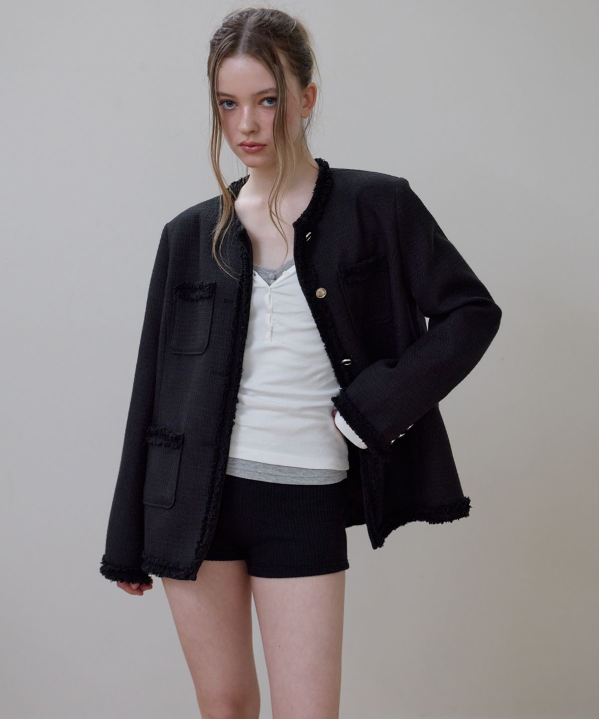 로제프란츠(ROSEFRANTZ) Fringe Pocket Tweed Jacket [Black]