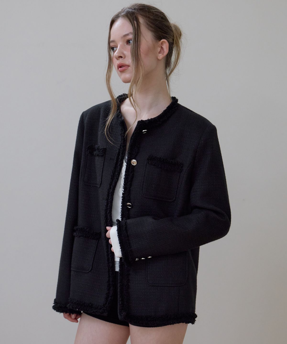 로제프란츠(ROSEFRANTZ) Fringe Pocket Tweed Jacket [Black]