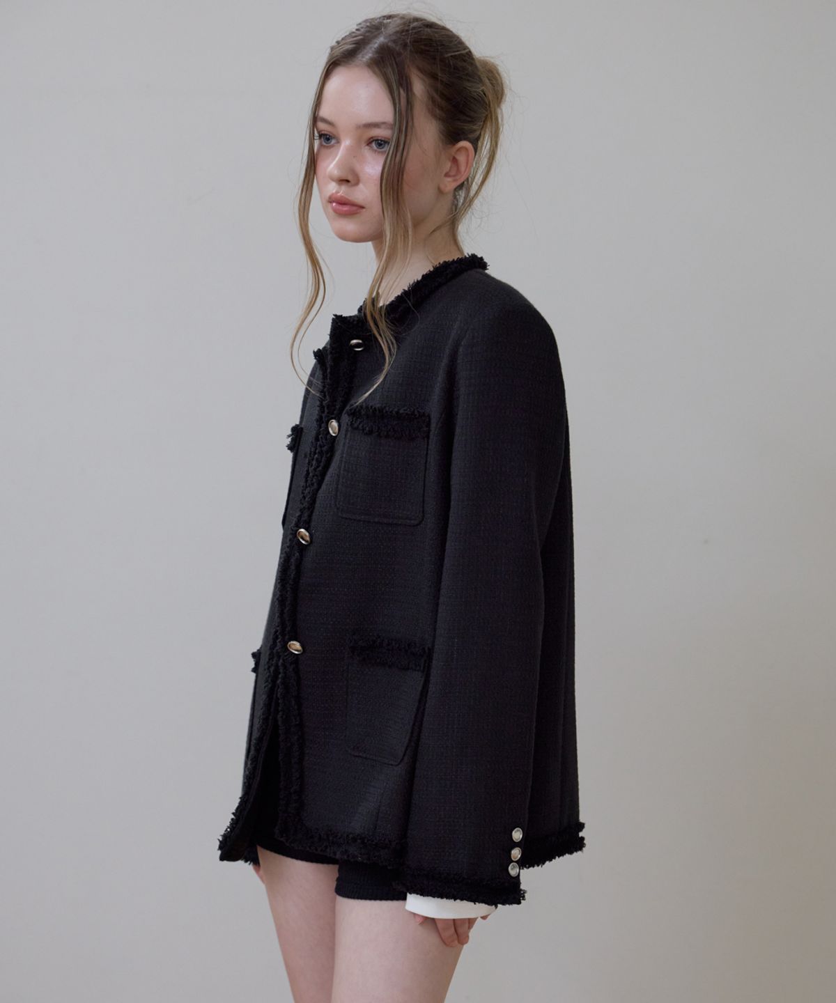 로제프란츠(ROSEFRANTZ) Fringe Pocket Tweed Jacket [Black]
