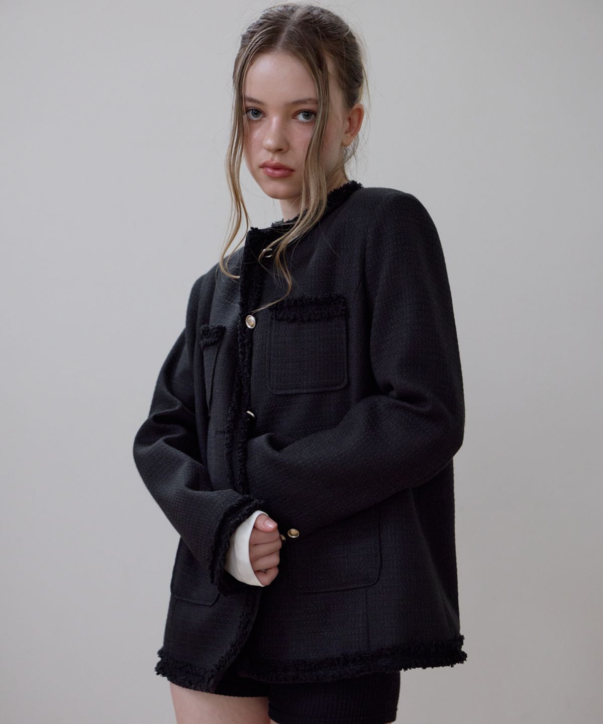로제프란츠(ROSEFRANTZ) Fringe Pocket Tweed Jacket [Black]