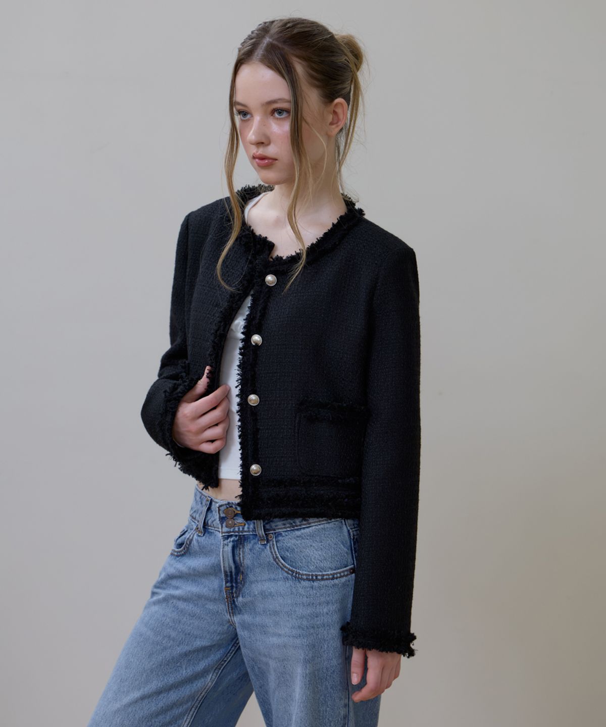 로제프란츠(ROSEFRANTZ) Soft Fringe Tweed Jacket [Black]