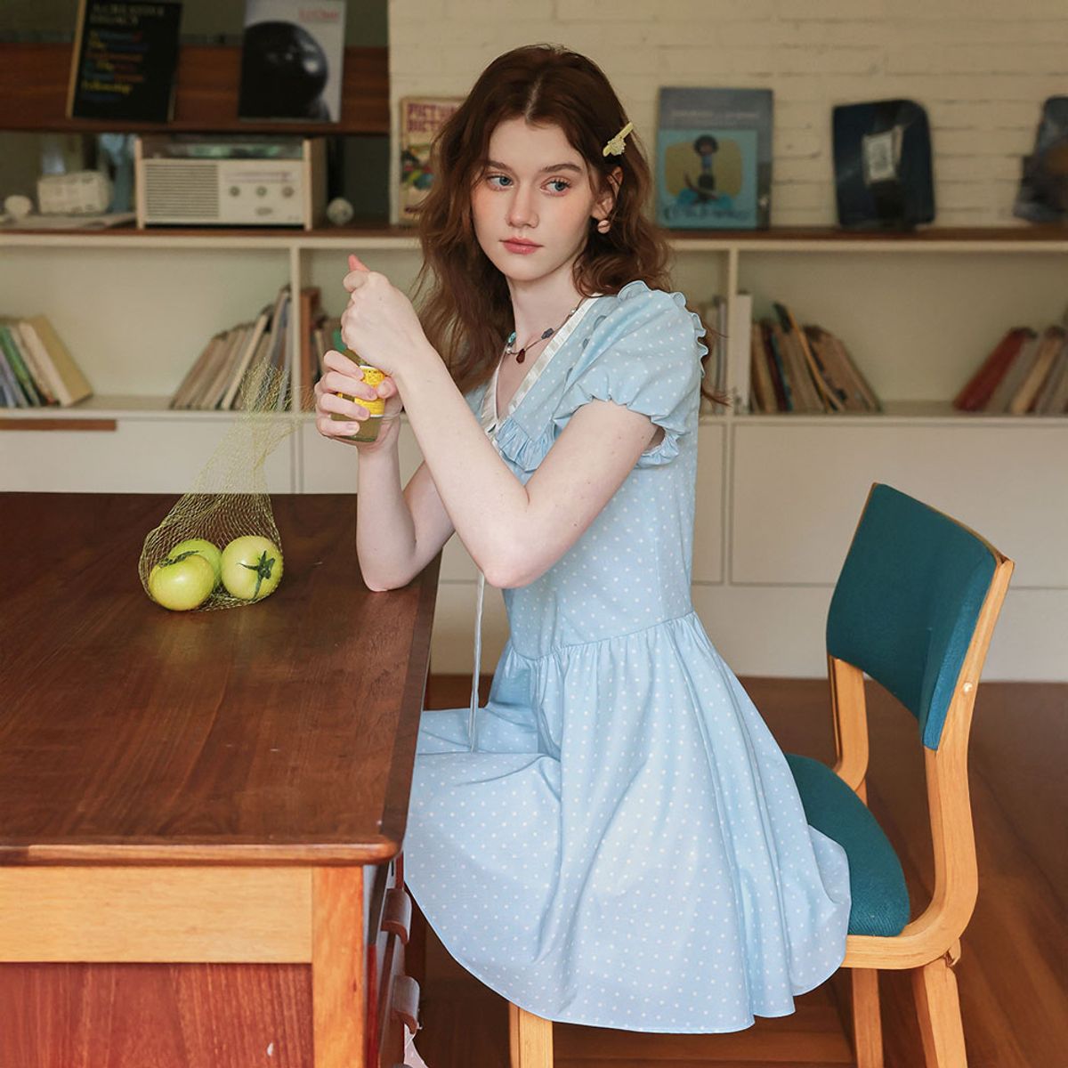 쎄무아듀(CEST MOIDEW) Cest_Polka dot ribbon puff sleeve dress
