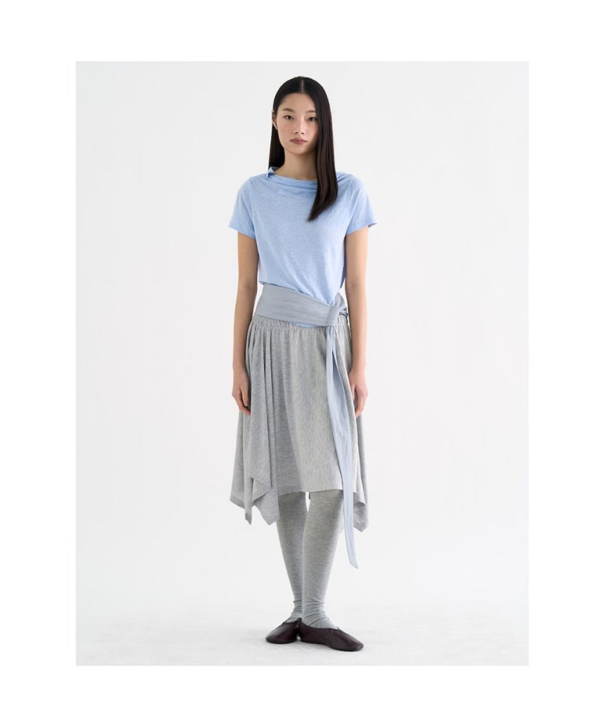 앙개(ANGGAE) Unbalanced Jersey Skirt  Light Grey