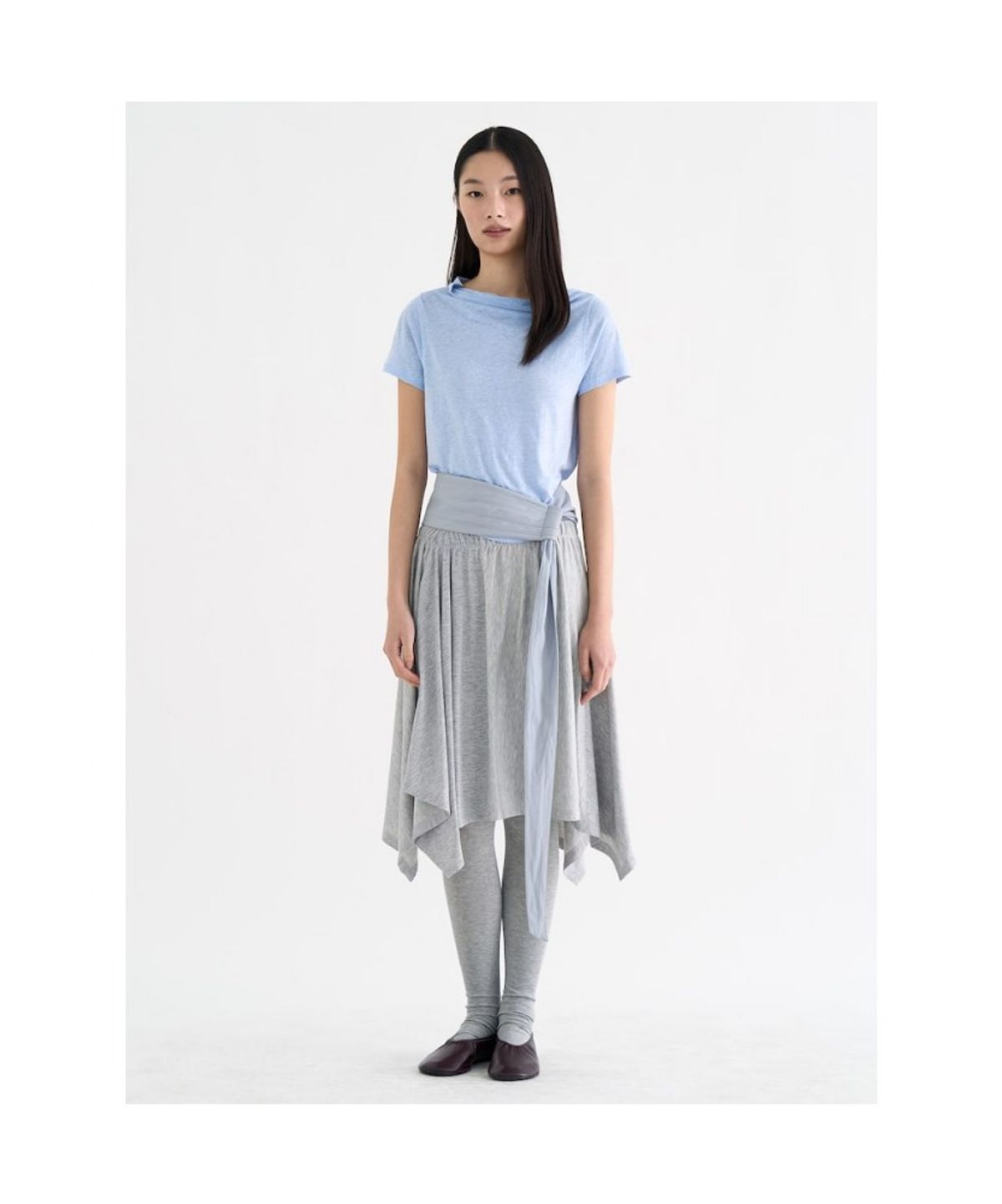 앙개(ANGGAE) Unbalanced Jersey Skirt  Light Grey