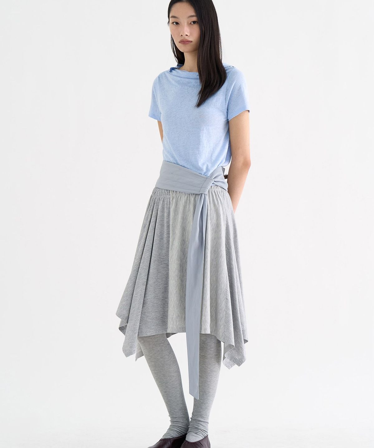앙개(ANGGAE) Unbalanced Jersey Skirt  Light Grey