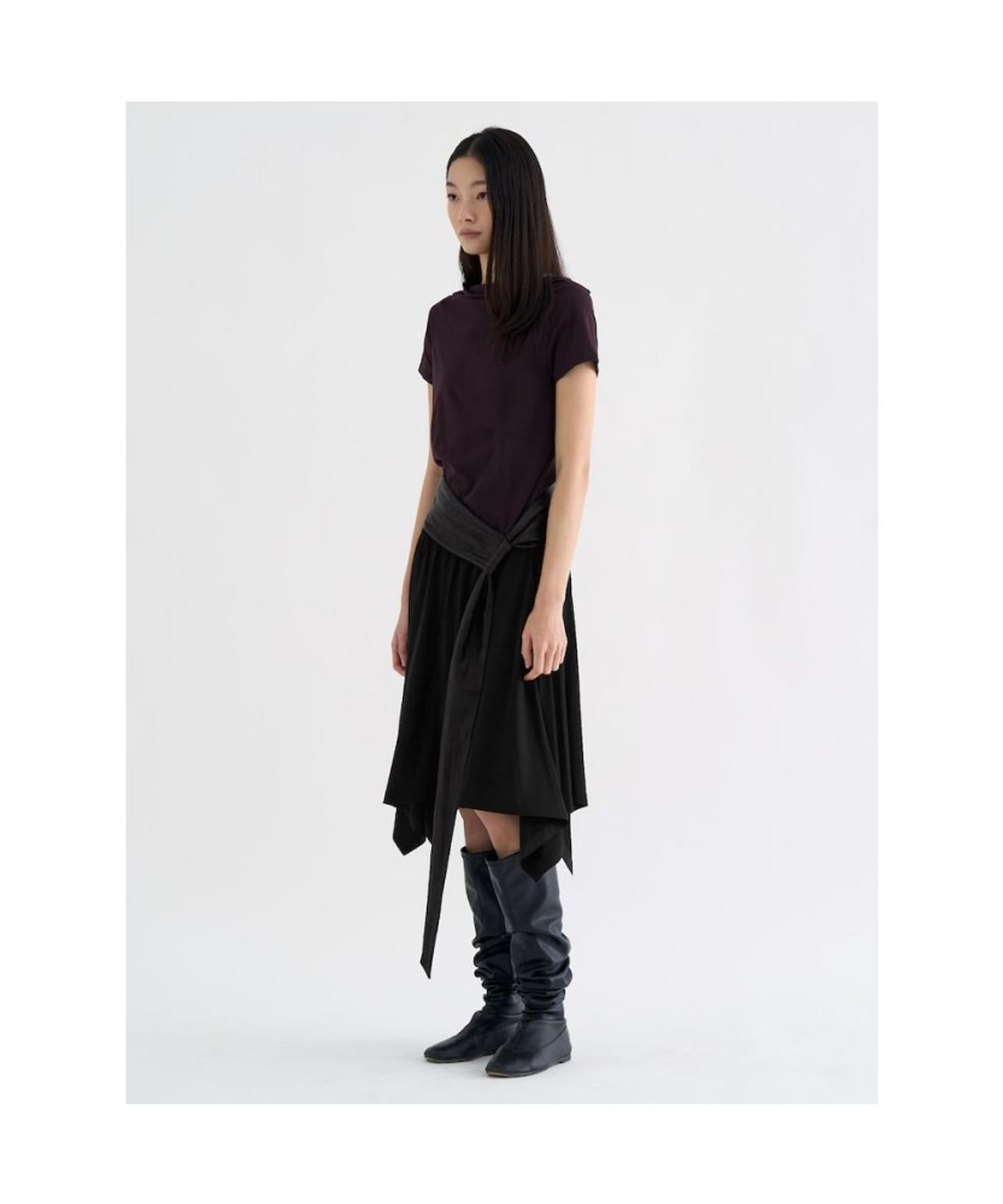 앙개(ANGGAE) Unbalanced Jersey Skirt  Black