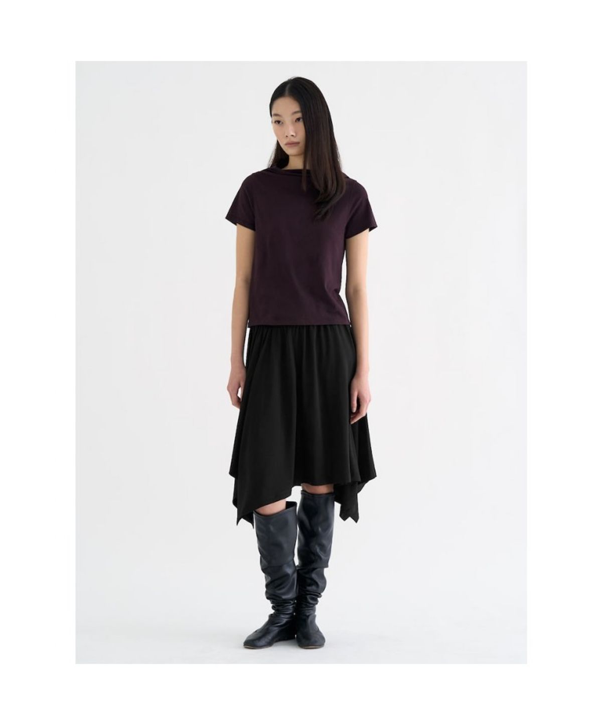 앙개(ANGGAE) Unbalanced Jersey Skirt  Black