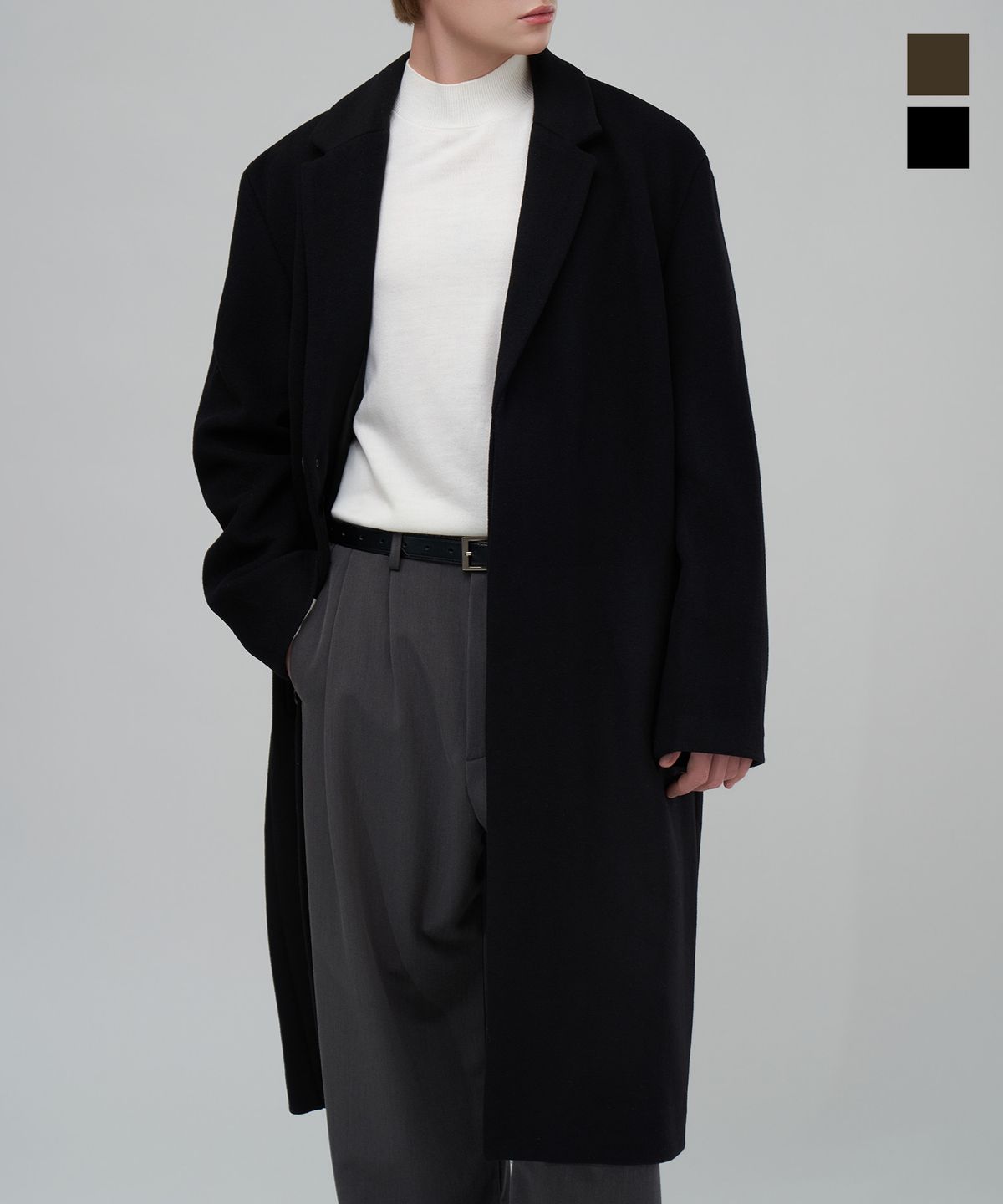 언탭트 스튜디오(UNTAPPED STUDIO) 울(WOOL) 블렌드 오버사이즈 히든 싱글 롱코트 2Color